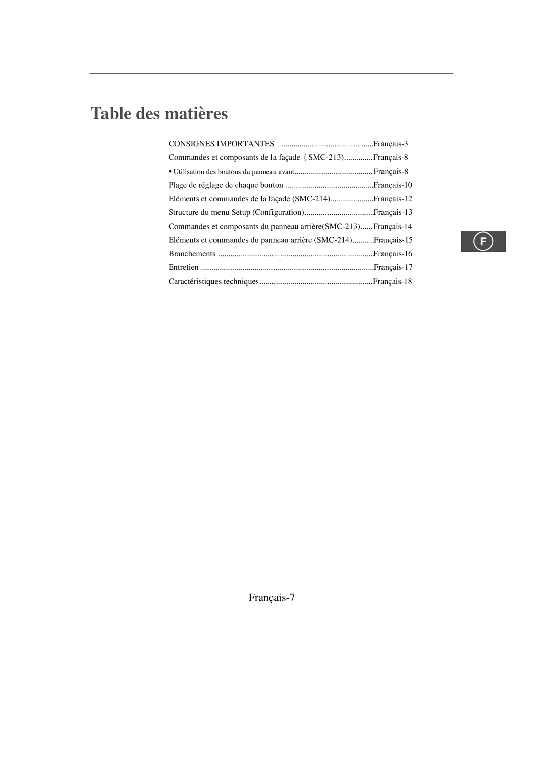 Samsung SMC-214PV, SMC-213P manual Table des matières, Français-7 