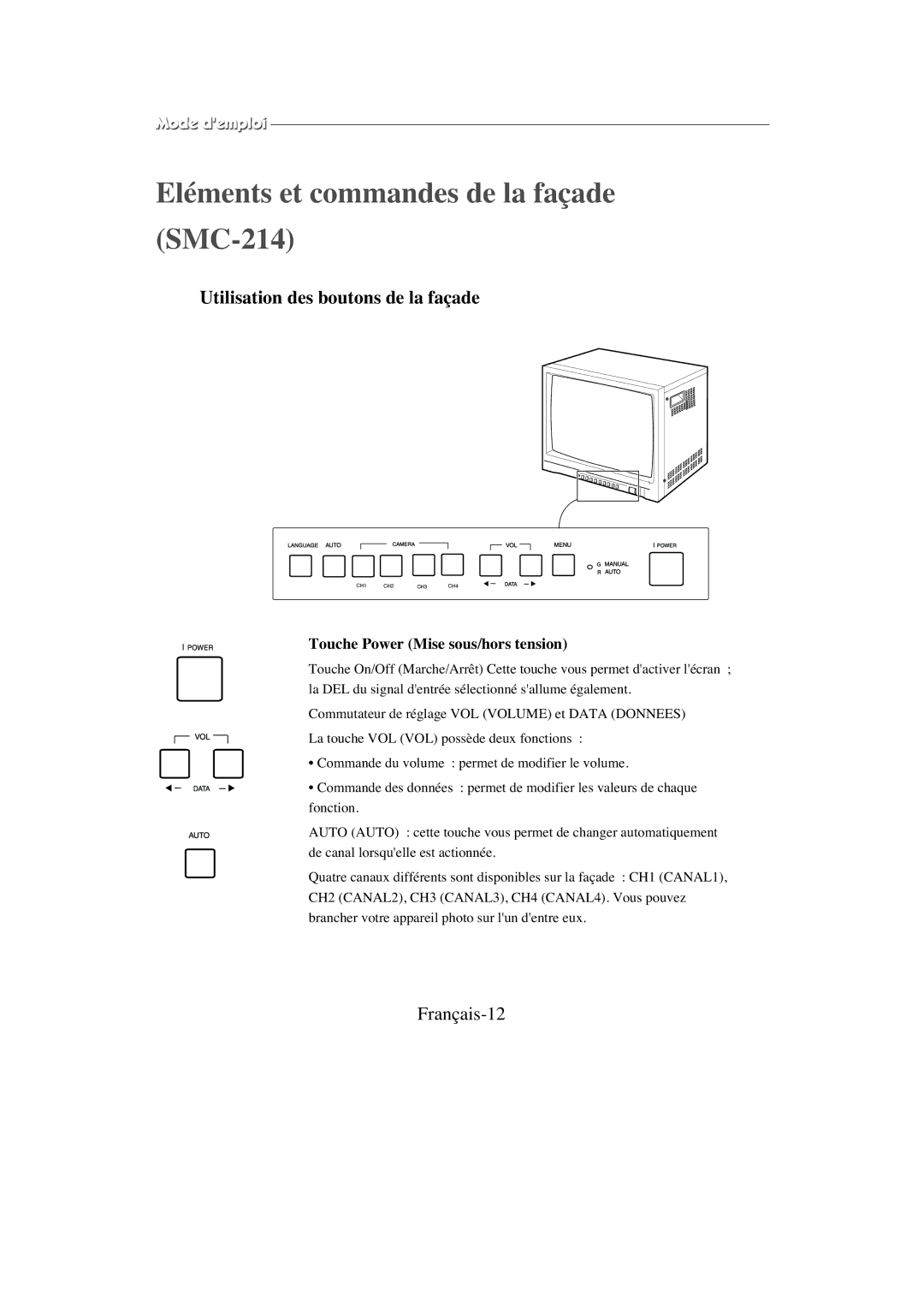 Samsung SMC-213P, SMC-214PV manual Eléments et commandes de la façade SMC-214, Français-12 