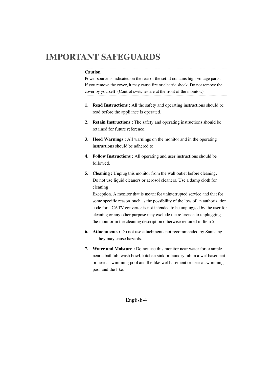 Samsung SMC-213P, SMC-214PV manual Important Safeguards, English-4 