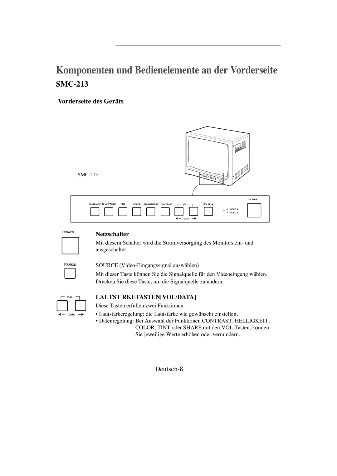 Samsung SMC-213P, SMC-214PV manual Komponenten und Bedienelemente an der Vorderseite, Deutsch-8, Netzschalter 