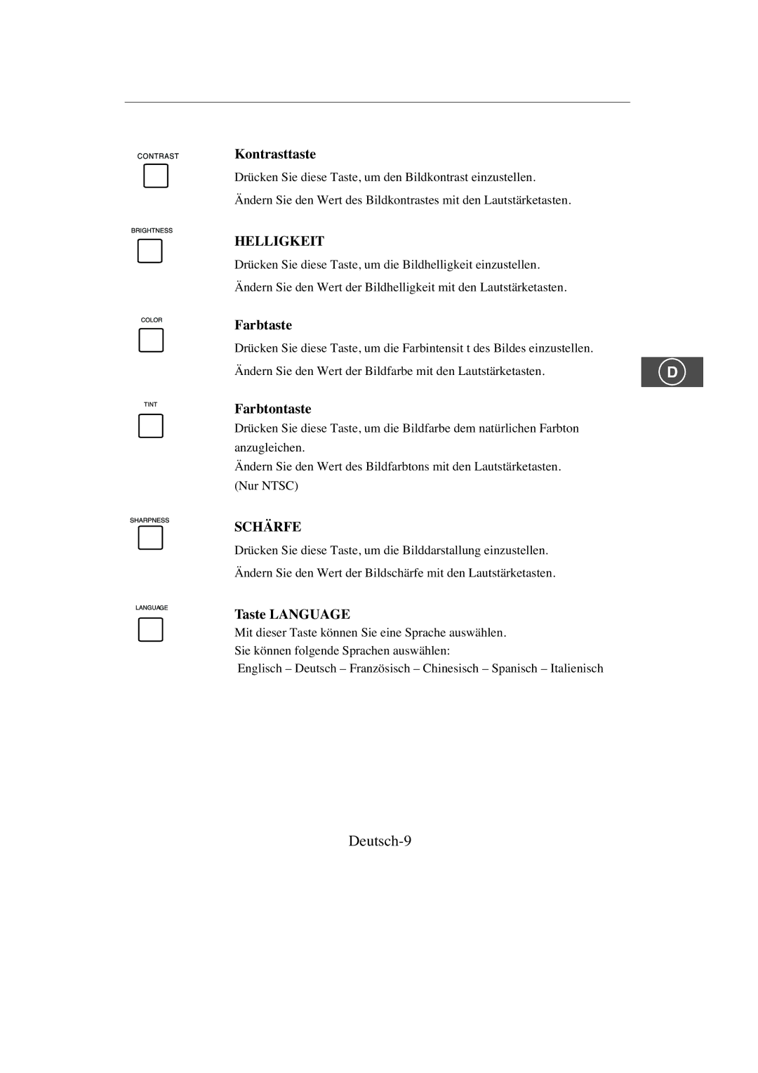 Samsung SMC-214PV, SMC-213P manual Deutsch-9, Kontrasttaste, Farbtaste, Farbtontaste, Taste Language 