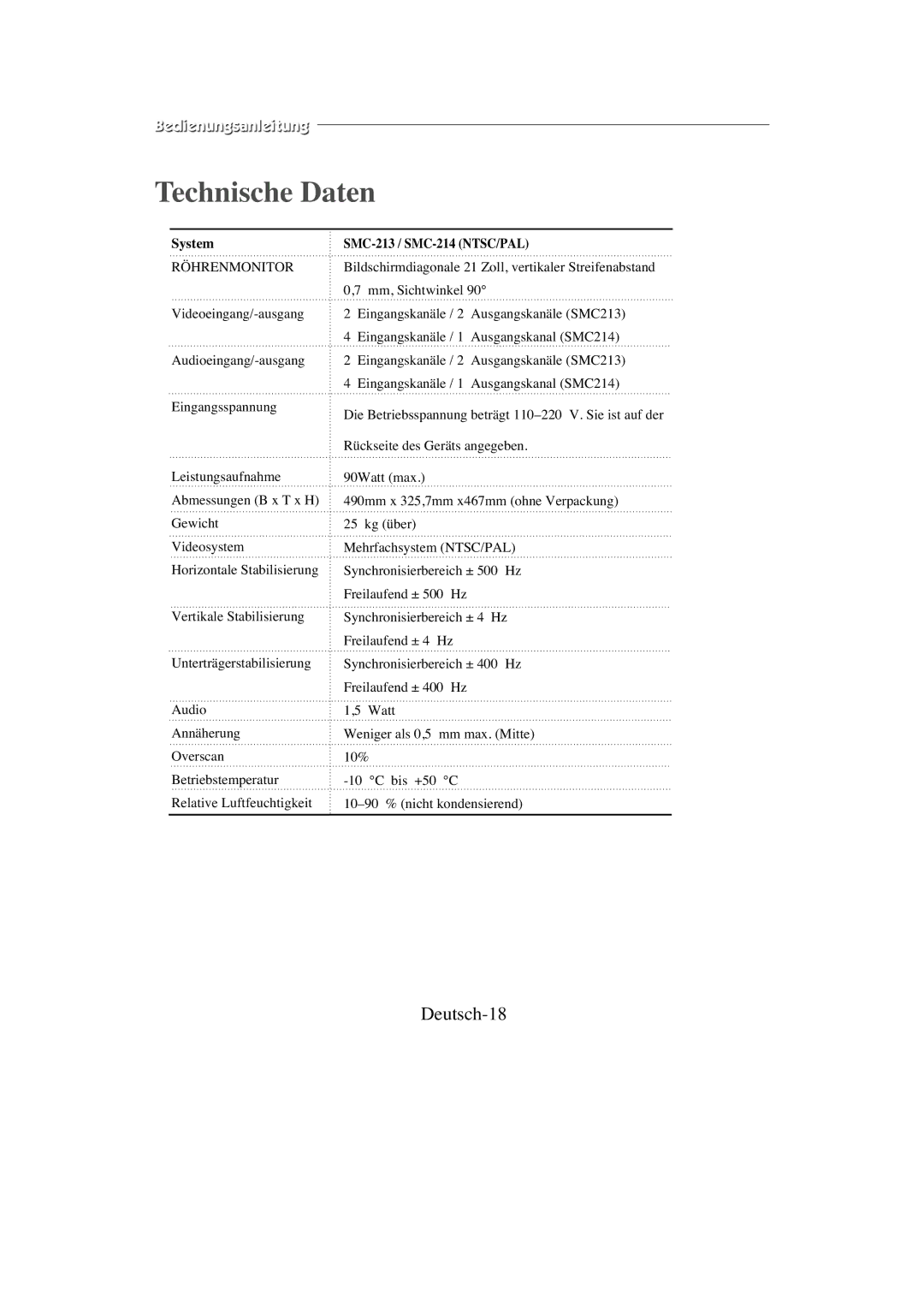 Samsung SMC-214PV, SMC-213P manual Technische Daten, Deutsch-18, System 