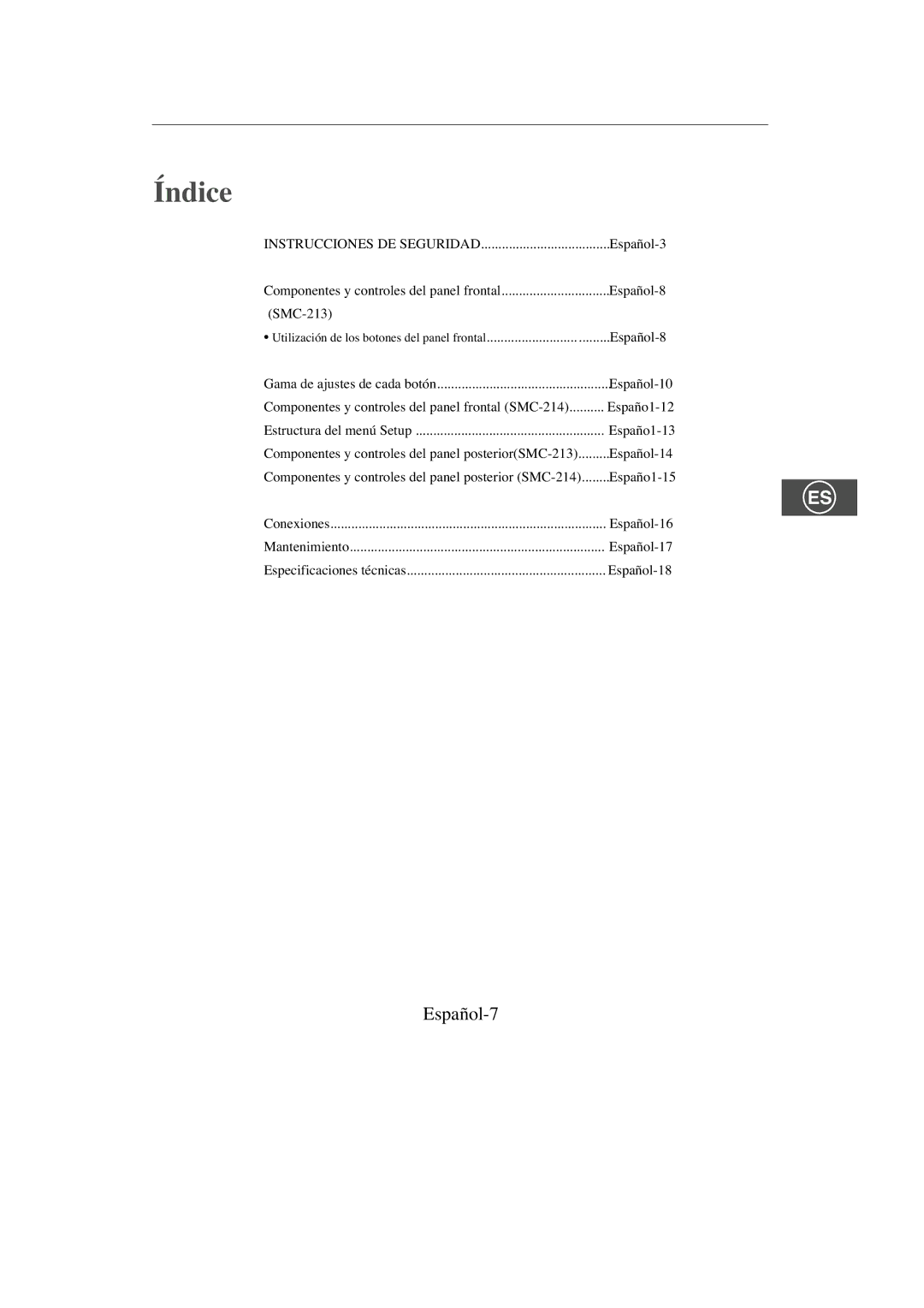 Samsung SMC-213P, SMC-214PV manual Índice, Español-7 