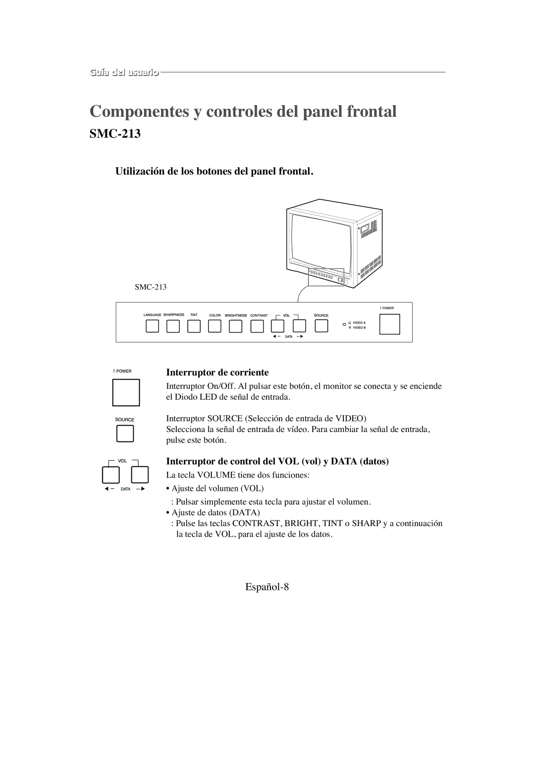 Samsung SMC-214PV, SMC-213P manual Componentes y controles del panel frontal, Español-8, Interruptor de corriente 