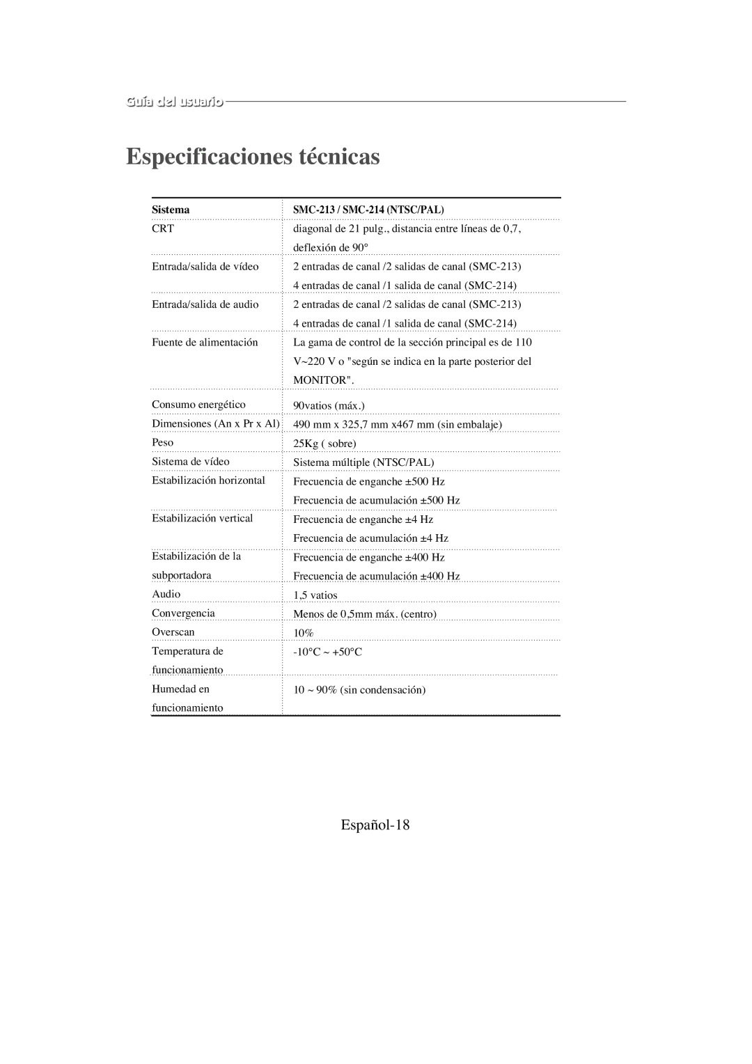 Samsung SMC-213P, SMC-214PV manual Especificaciones técnicas, Español-18, Sistema 