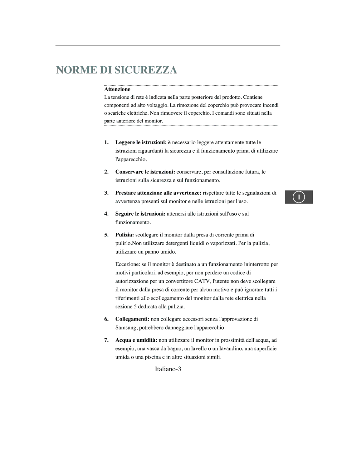 Samsung SMC-213P, SMC-214PV manual Norme DI Sicurezza, Italiano-3 