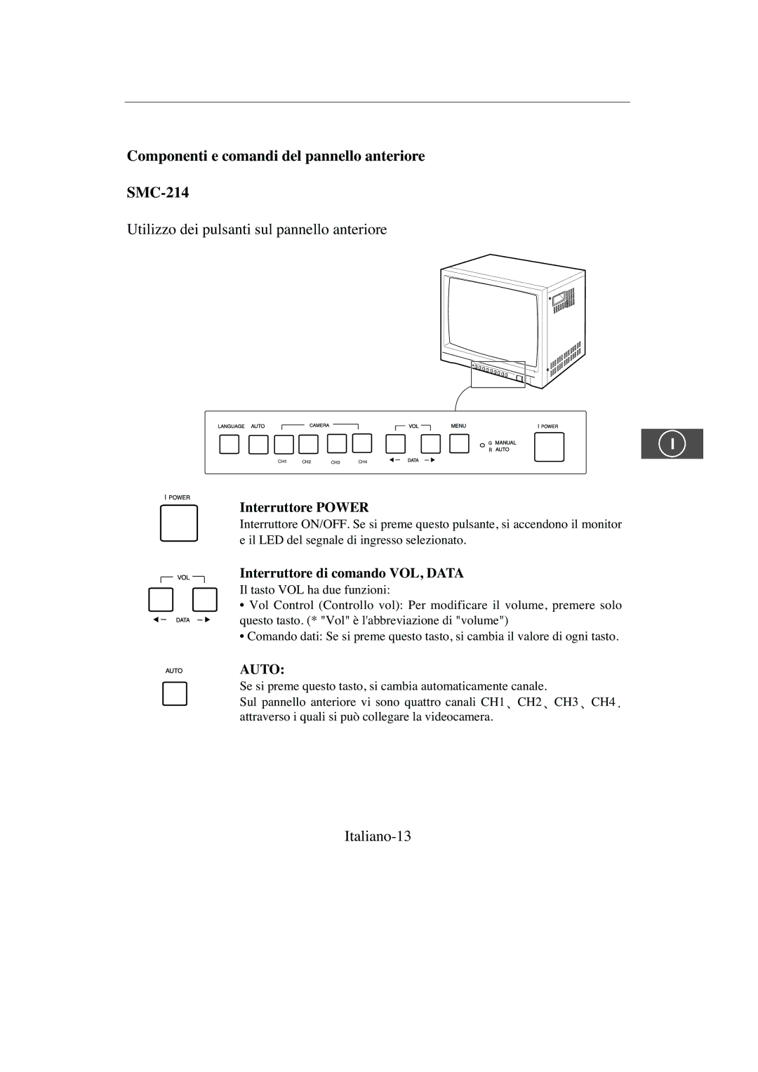 Samsung SMC-214PV, SMC-213P manual Utilizzo dei pulsanti sul pannello anteriore, Italiano-13, Interruttore Power 