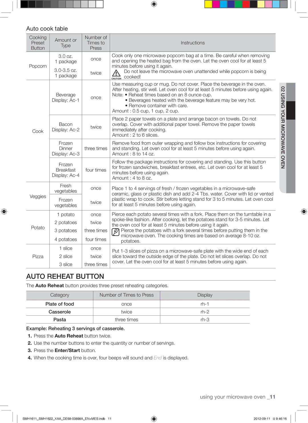 Samsung SMH1622S, SMH1611, SMH1622B, SMH1622W user manual Auto Reheat Button, Auto cook table 