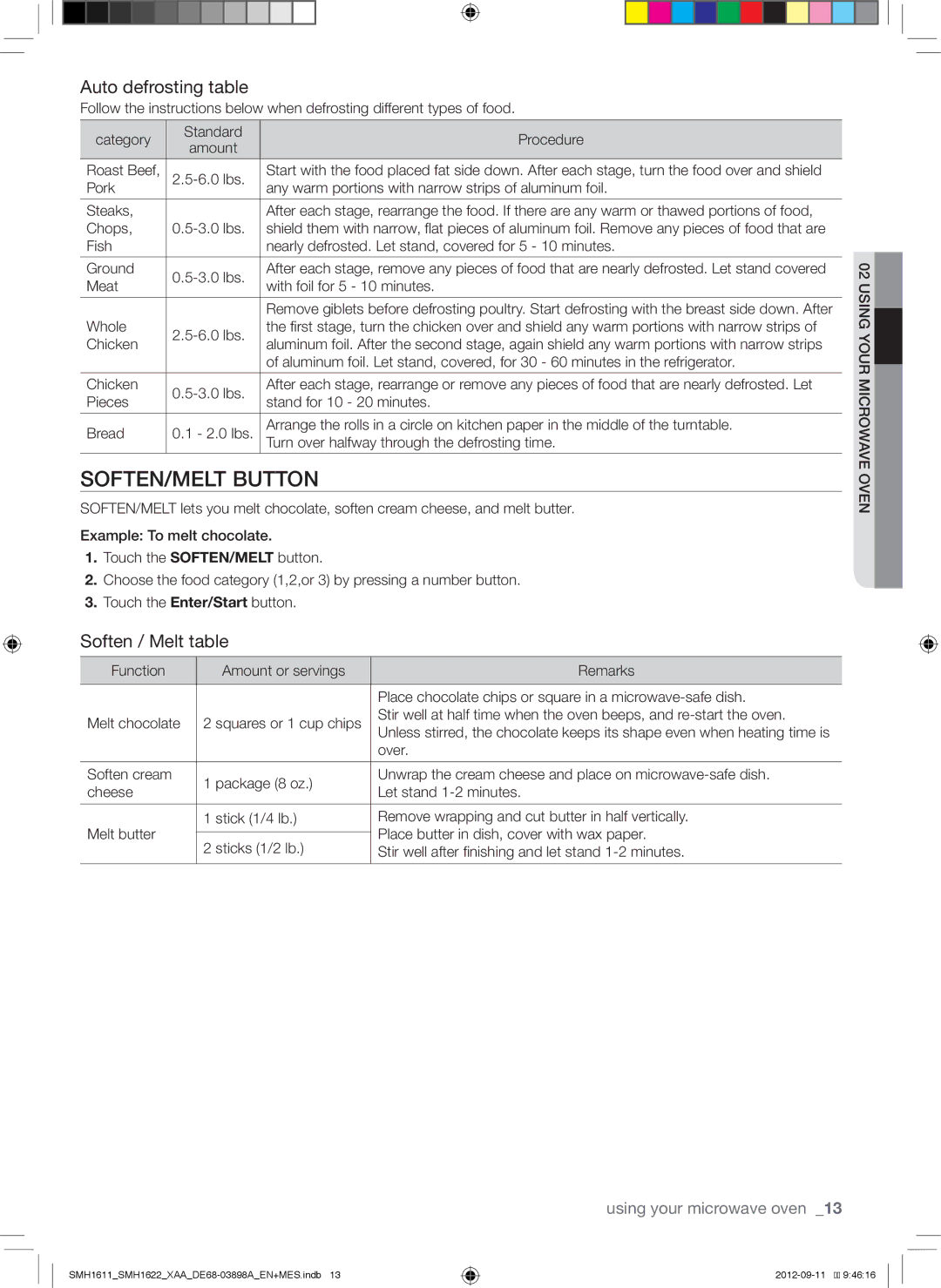 Samsung SMH1622B, SMH1622S, SMH1611, SMH1622W user manual SOFTEN/MELT Button, Auto defrosting table, Soften / Melt table 