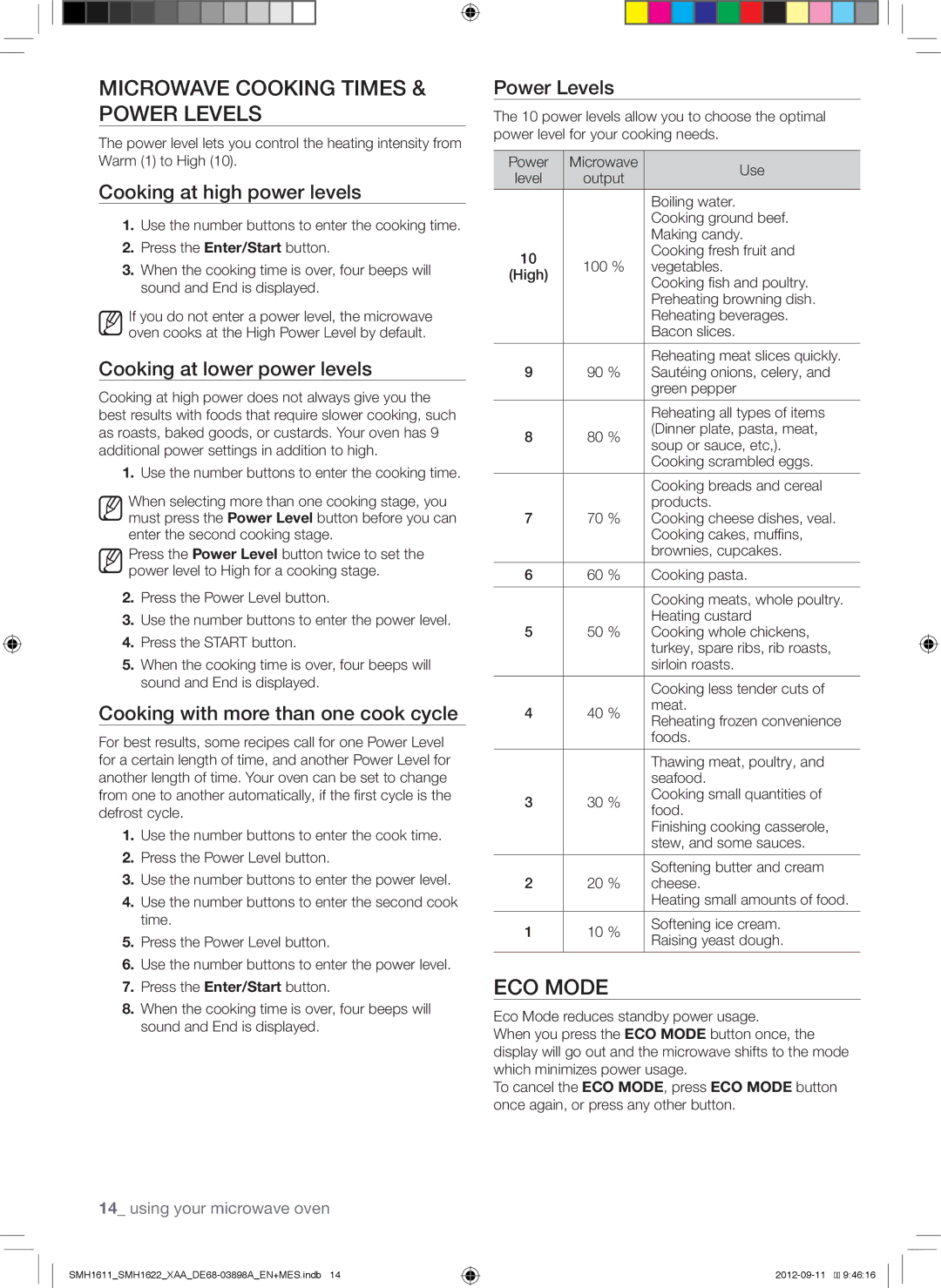 Samsung SMH1622W, SMH1622S, SMH1611, SMH1622B user manual Microwave Cooking Times & Power Levels, ECO Mode 