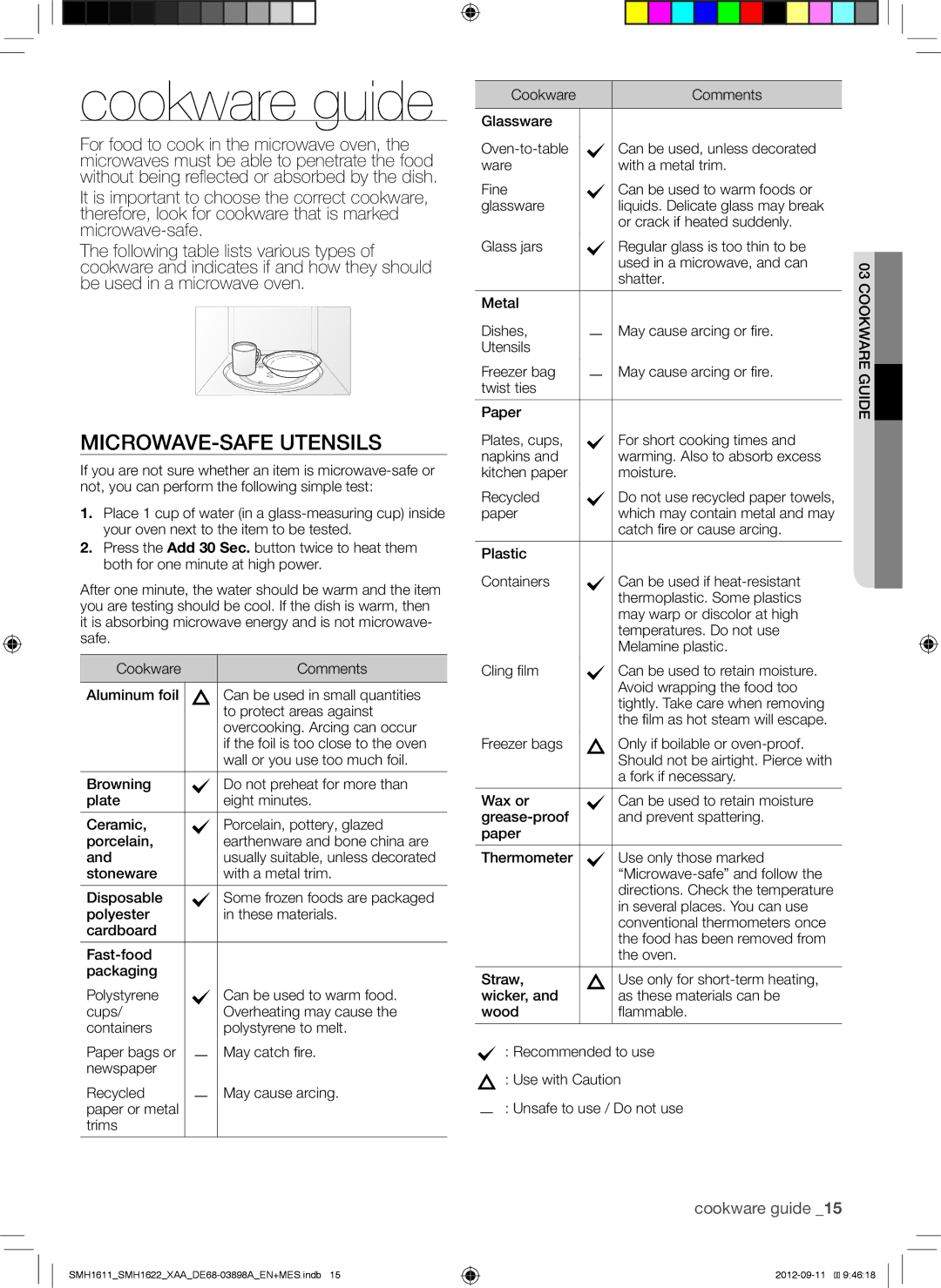 Samsung SMH1622S MICROWAVE-SAFE Utensils, Cookware guide, Metal Dishes May cause arcing or fire Utensils Freezer bag 