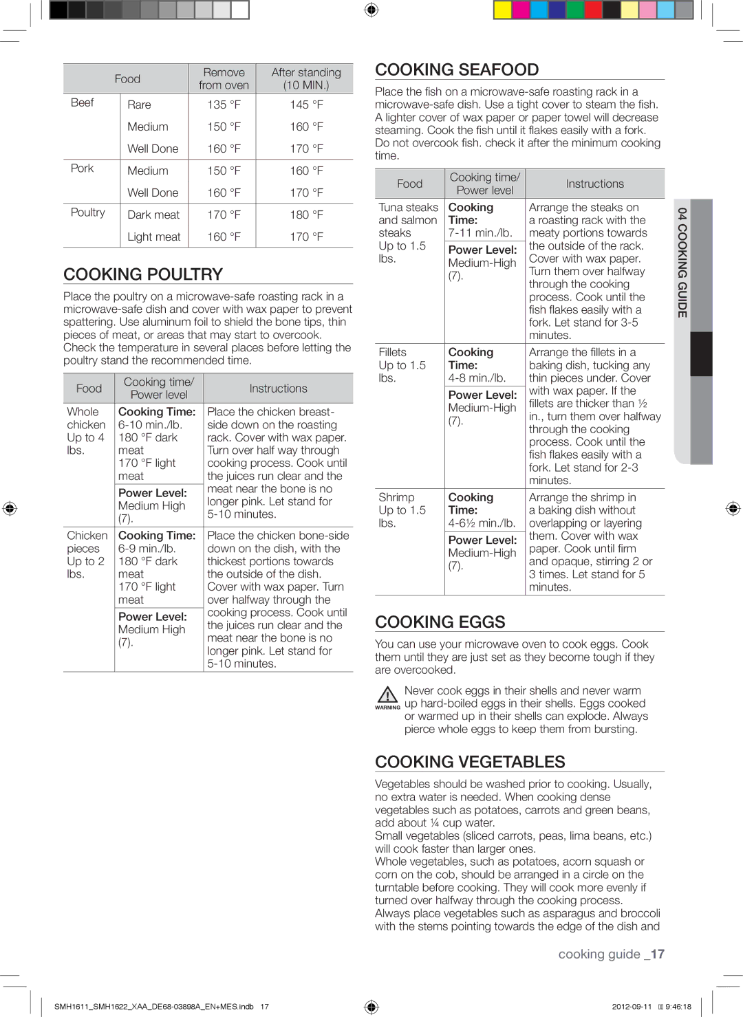 Samsung SMH1611, SMH1622S, SMH1622B, SMH1622W user manual Cooking Poultry, Cooking Seafood, Cooking Eggs, Cooking Vegetables 