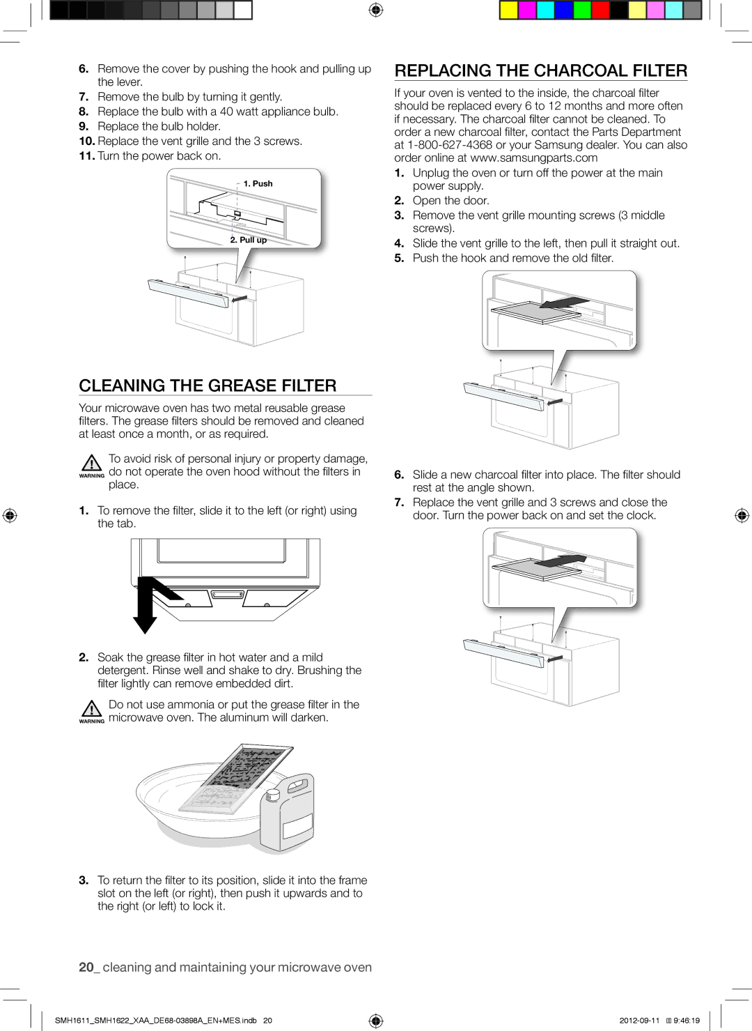 Samsung SMH1622S, SMH1611, SMH1622B, SMH1622W user manual Replacing the Charcoal Filter, Cleaning the Grease Filter 