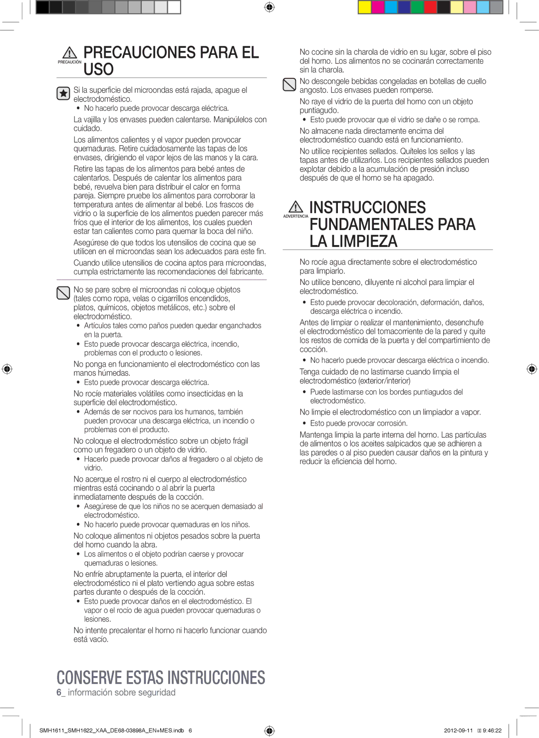 Samsung SMH1622S Instrucciones Advertencia Fundamentales Para LA Limpieza, No hacerlo puede provocar descarga eléctrica 