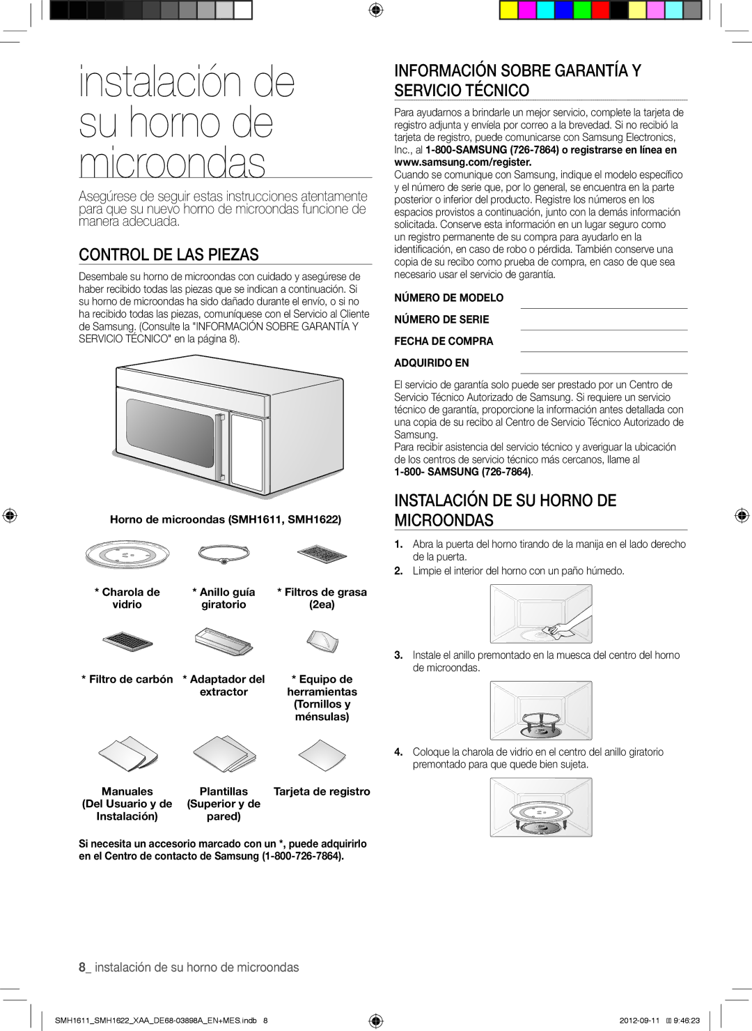 Samsung SMH1611 Control DE LAS Piezas, Instalación DE SU Horno DE Microondas, Instalación de su horno de microondas 