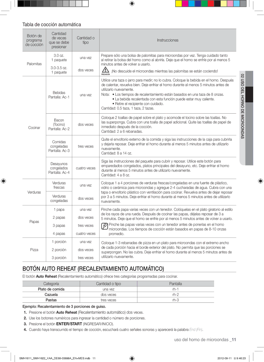 Samsung SMH1622S Botón Auto Reheat Recalentamiento Automático, Tabla de cocción automática, Uso del horno de microondas 