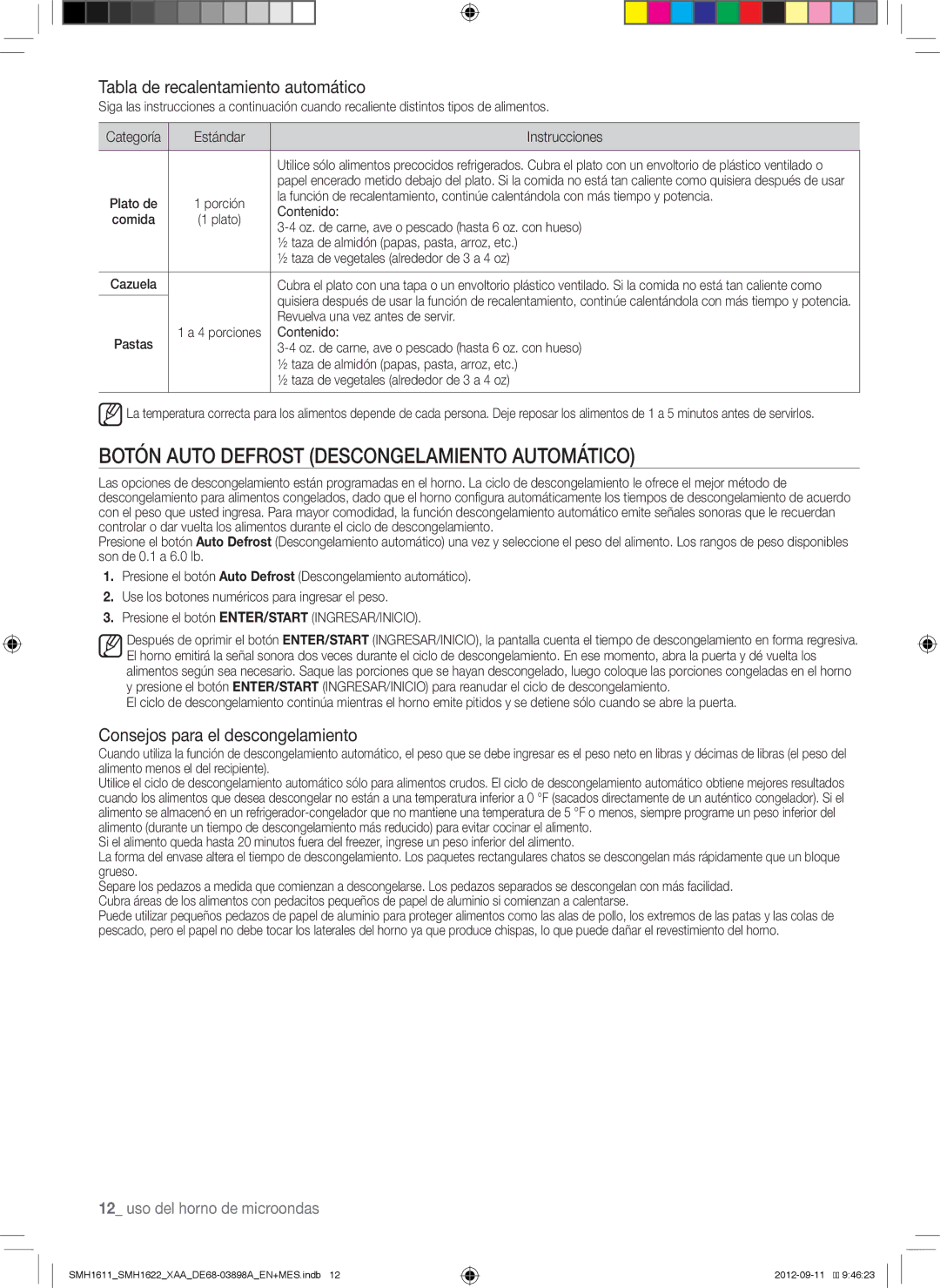 Samsung SMH1622S, SMH1611, SMH1622B Botón Auto Defrost Descongelamiento Automático, Tabla de recalentamiento automático 