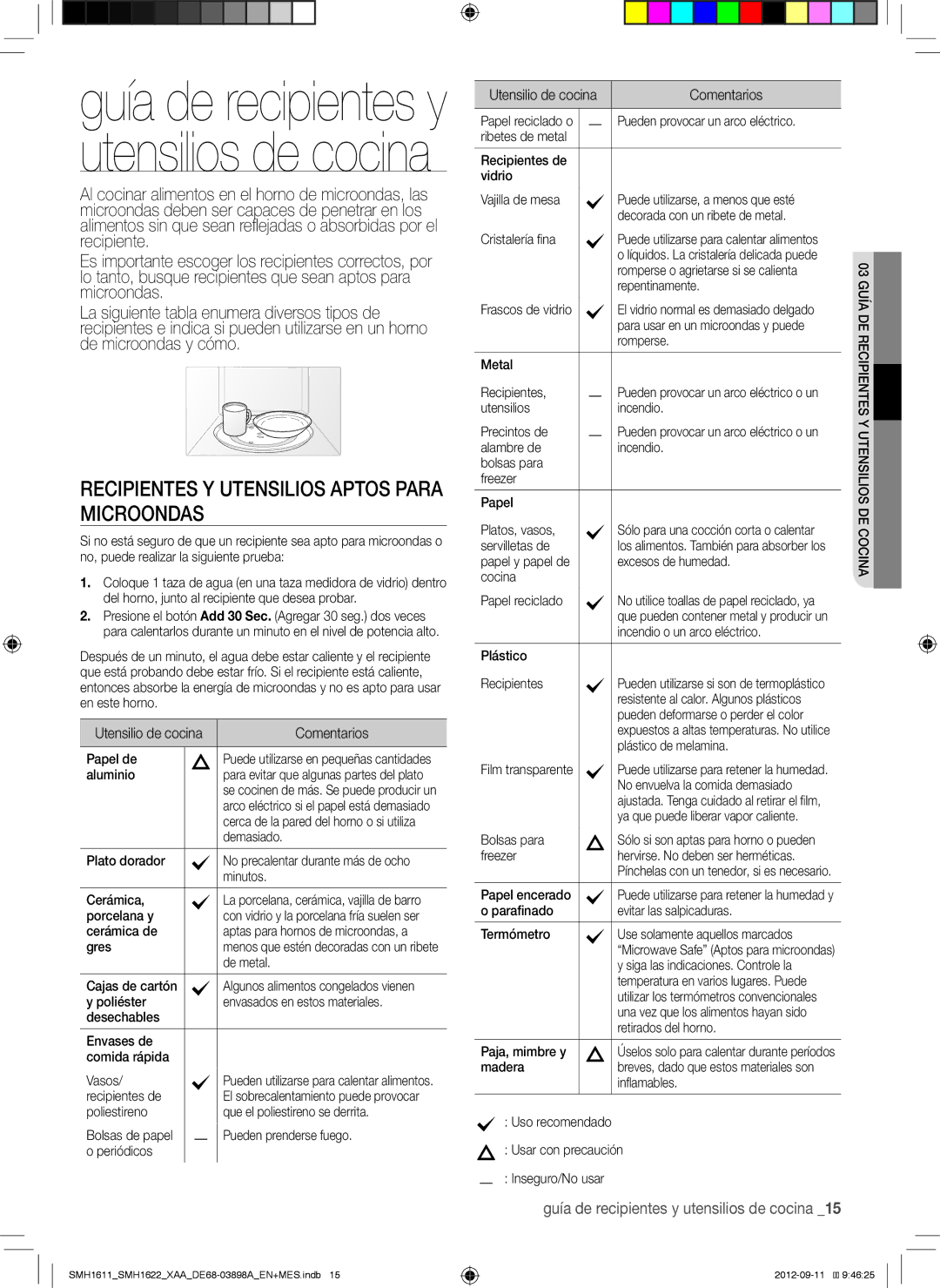 Samsung SMH1622W, SMH1622S, SMH1611, SMH1622B user manual Recipientes Y Utensilios Aptos Para Microondas 