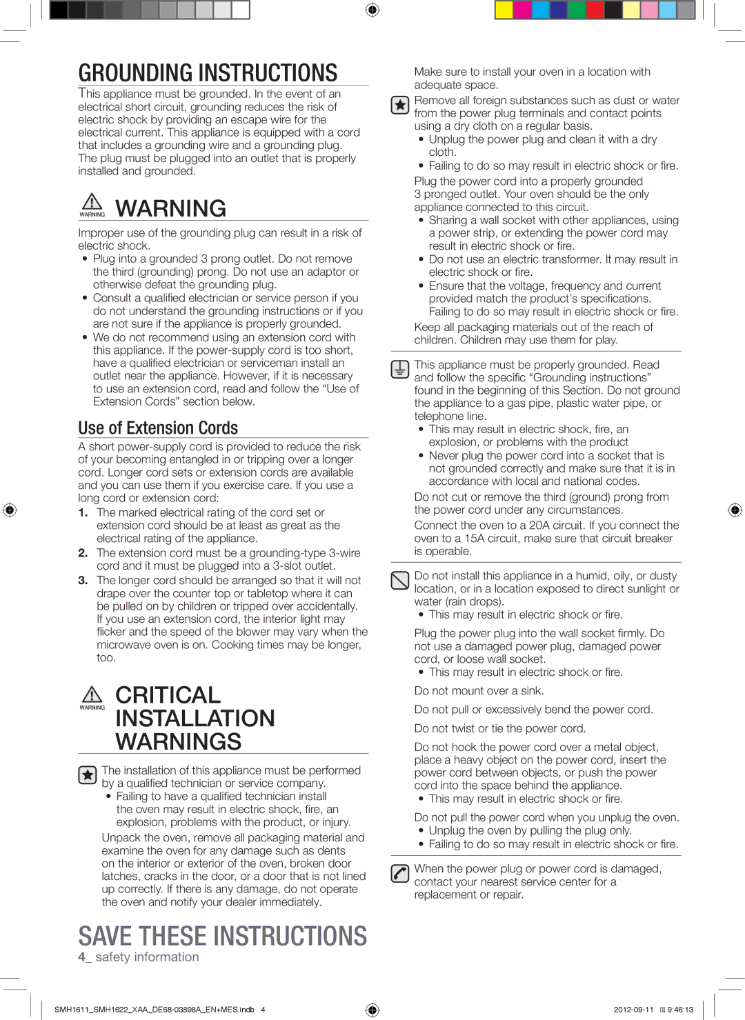 Samsung SMH1622W, SMH1622S, SMH1611, SMH1622B user manual Grounding Instructions, Critical 