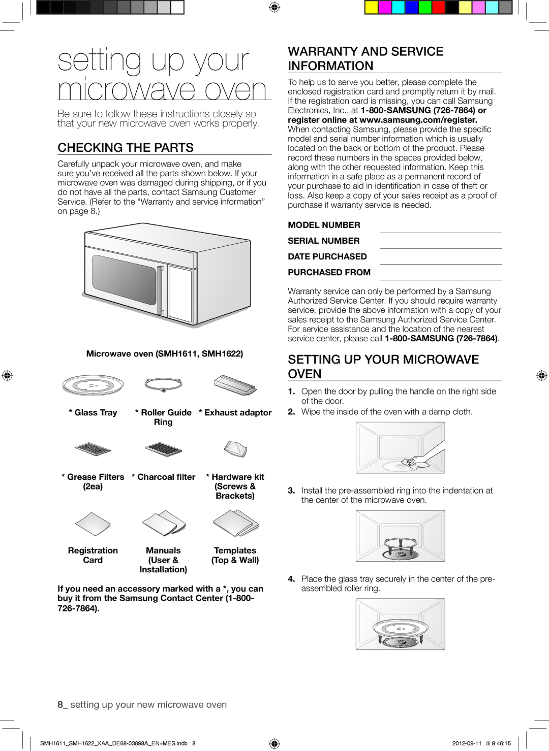 Samsung SMH1622B, SMH1622S, SMH1611 Checking the Parts, Warranty and Service Information, Setting UP Your Microwave Oven 