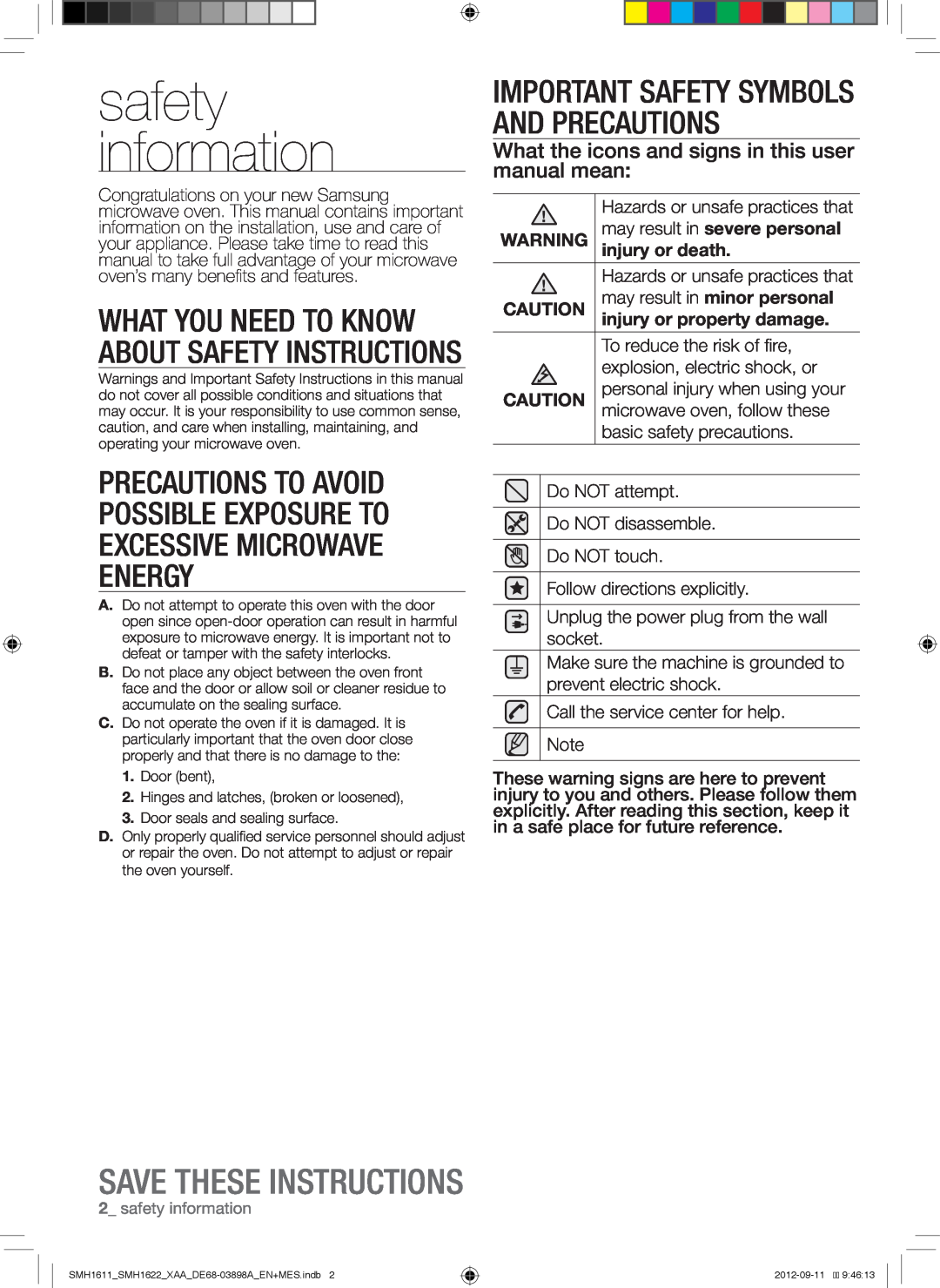 Samsung SMH1611, SMH1622S safety information, Important Safety Symbols And Precautions, may result in severe personal 
