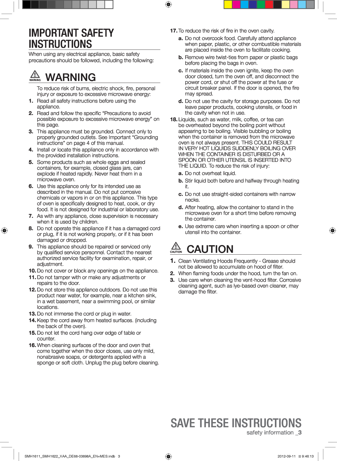 Samsung SMH1622B, SMH1622S, SMH1611, SMH1622W Save These Instructions, Important Safety Instructions, safety information 