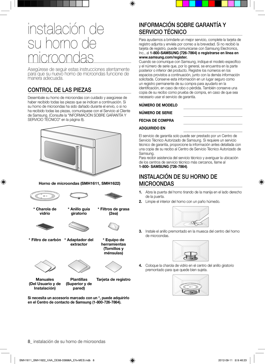 Samsung SMH1611 instalación de su horno de microondas, Control De Las Piezas, Instalación De Su Horno De Microondas 