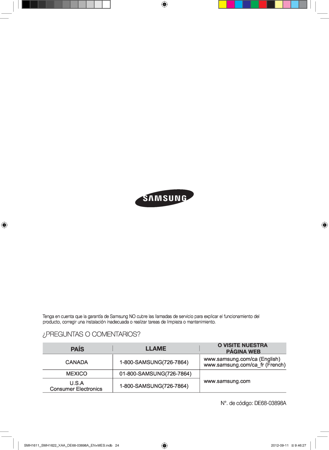 Samsung SMH1622B, SMH1622S, SMH1611, SMH1622W user manual Consumer Electronics, N. de código DE68-03898A 
