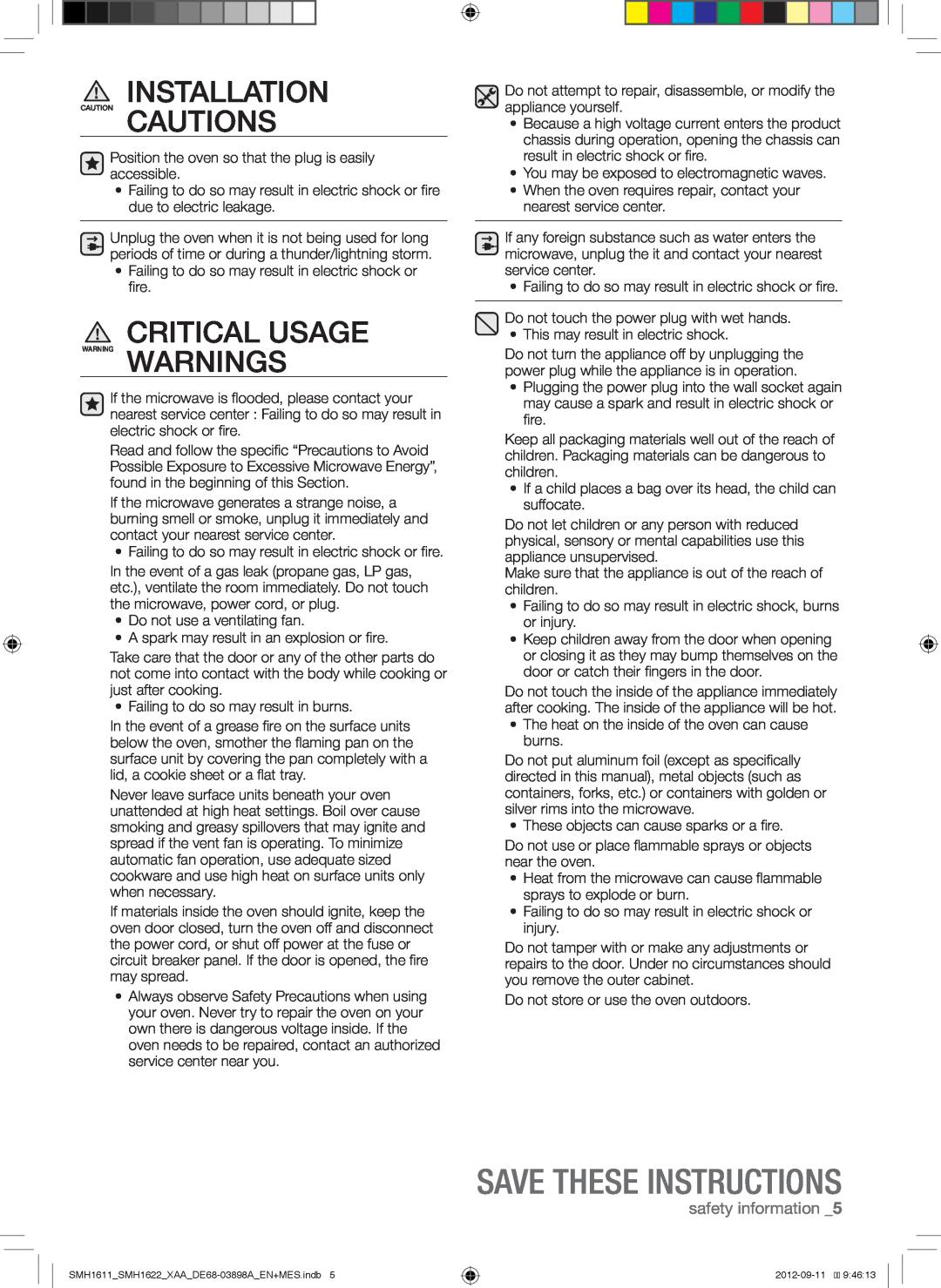 Samsung SMH1622S, SMH1611, SMH1622B, SMH1622W user manual Installation, Save These Instructions, safety information 