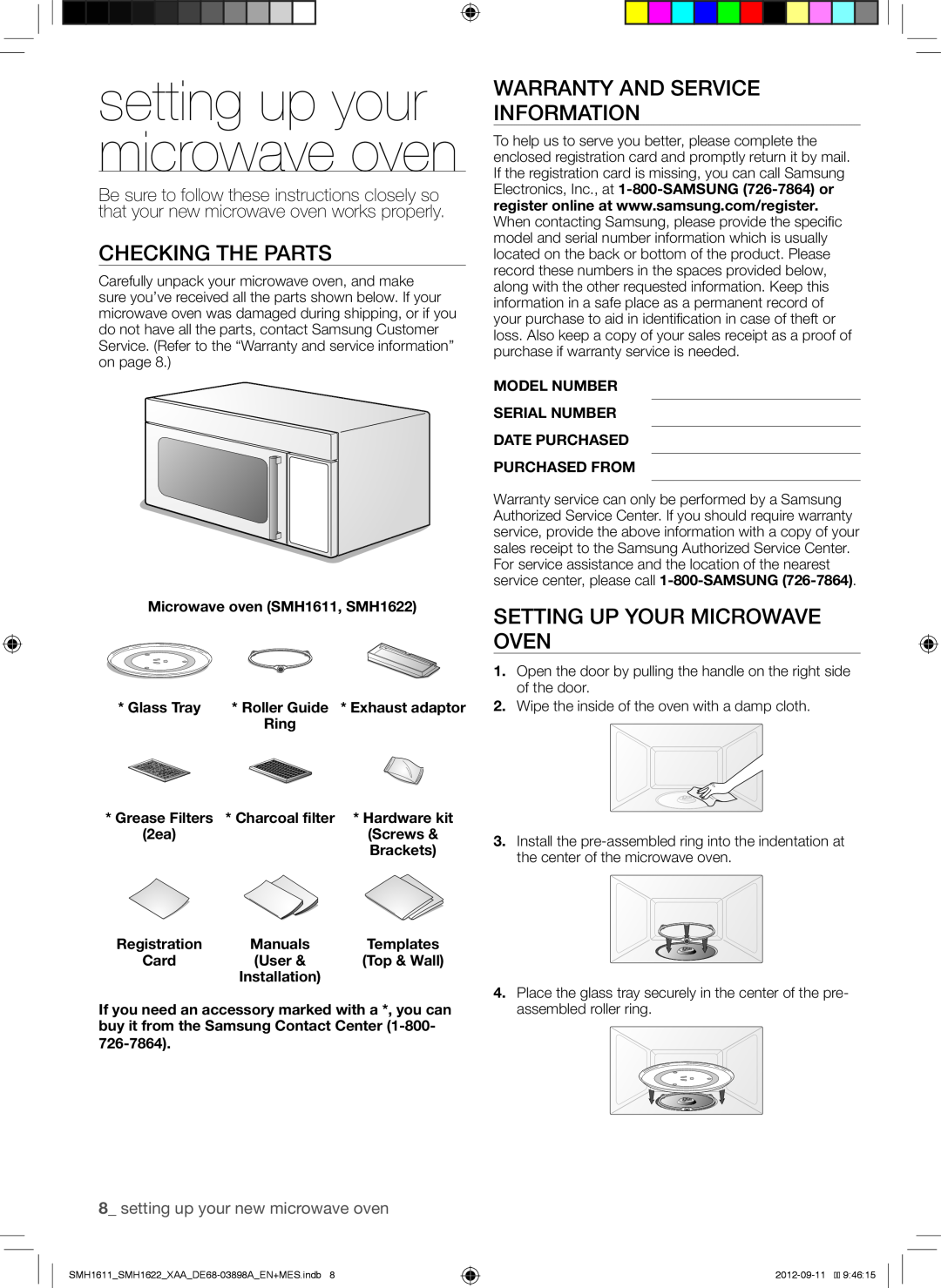 Samsung SMH1622B Checking The Parts, Warranty And Service Information, Setting Up Your Microwave Oven, Glass Tray, Ring 
