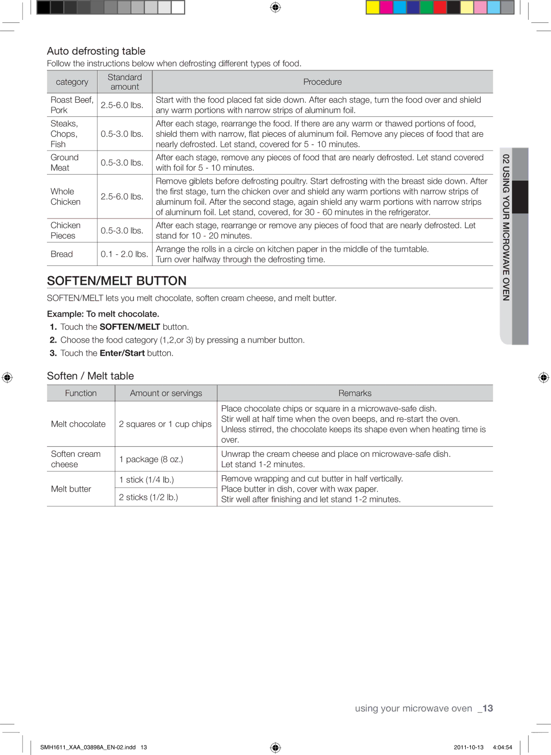 Samsung SMH1622B, SMH1622S, SMH1622W user manual Soften/Melt button, Auto defrosting table, Soften / Melt table 