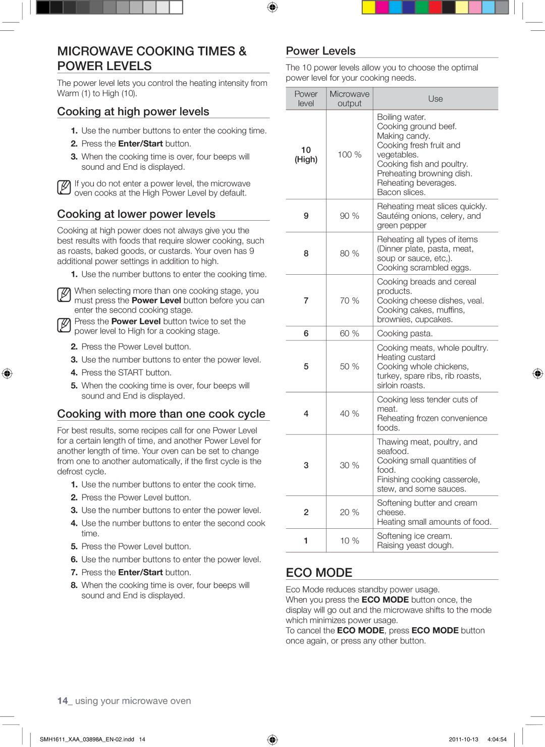 Samsung SMH1622W, SMH1622S, SMH1622B user manual Microwave Cooking Times & Power Levels, Eco Mode 