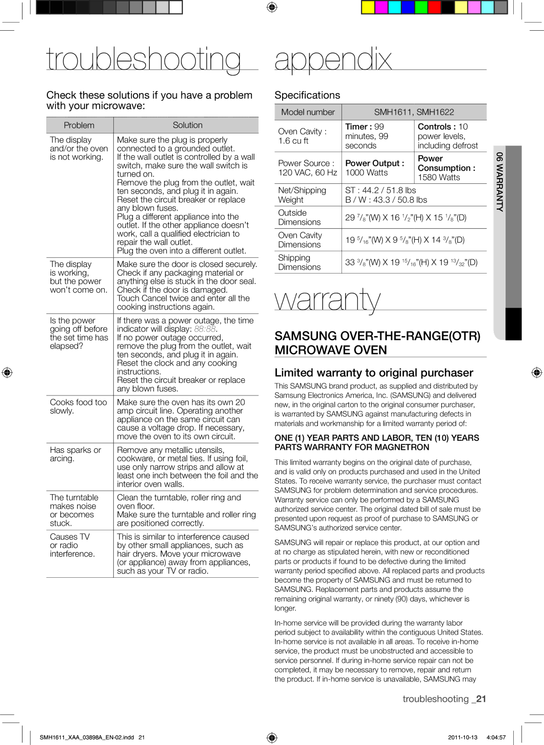 Samsung SMH1622S, SMH1622B Troubleshooting, Appendix, Warranty, Limited warranty to original purchaser, Specifications 