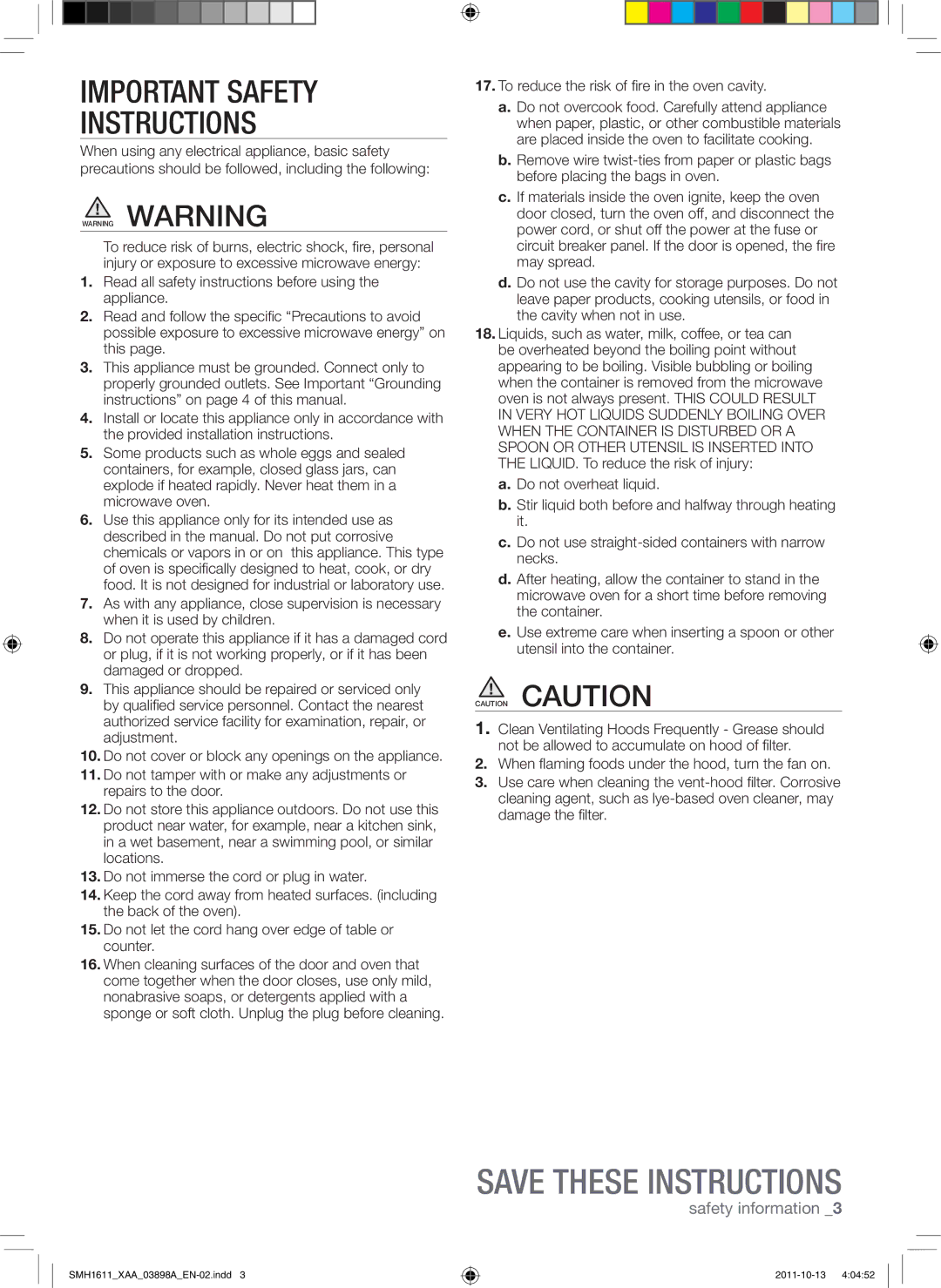 Samsung SMH1622S, SMH1622B, SMH1622W user manual Important Safety Instructions, To reduce the risk of fire in the oven cavity 