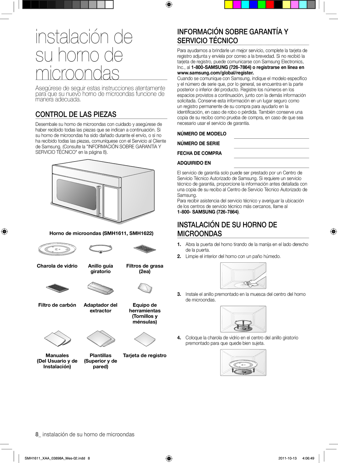 Samsung SMH1622W, SMH1622S, SMH1622B user manual Control de las piezas, Información sobre garantía y servicio técnico 