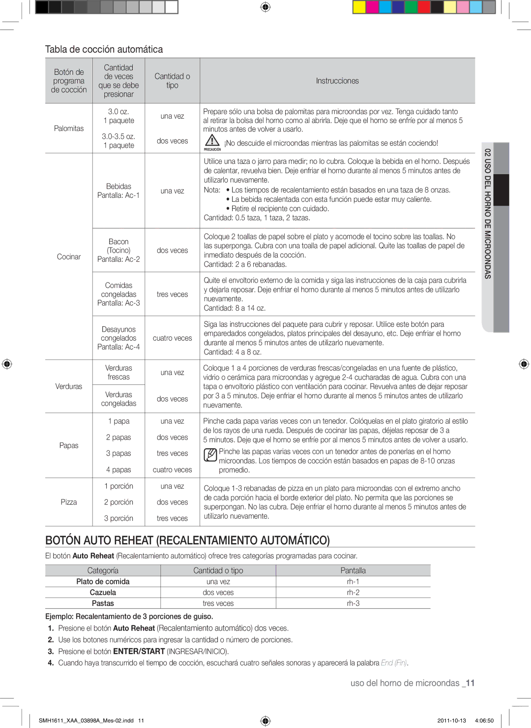 Samsung SMH1622W Botón Auto Reheat Recalentamiento automático, Tabla de cocción automática, Uso del horno de microondas 