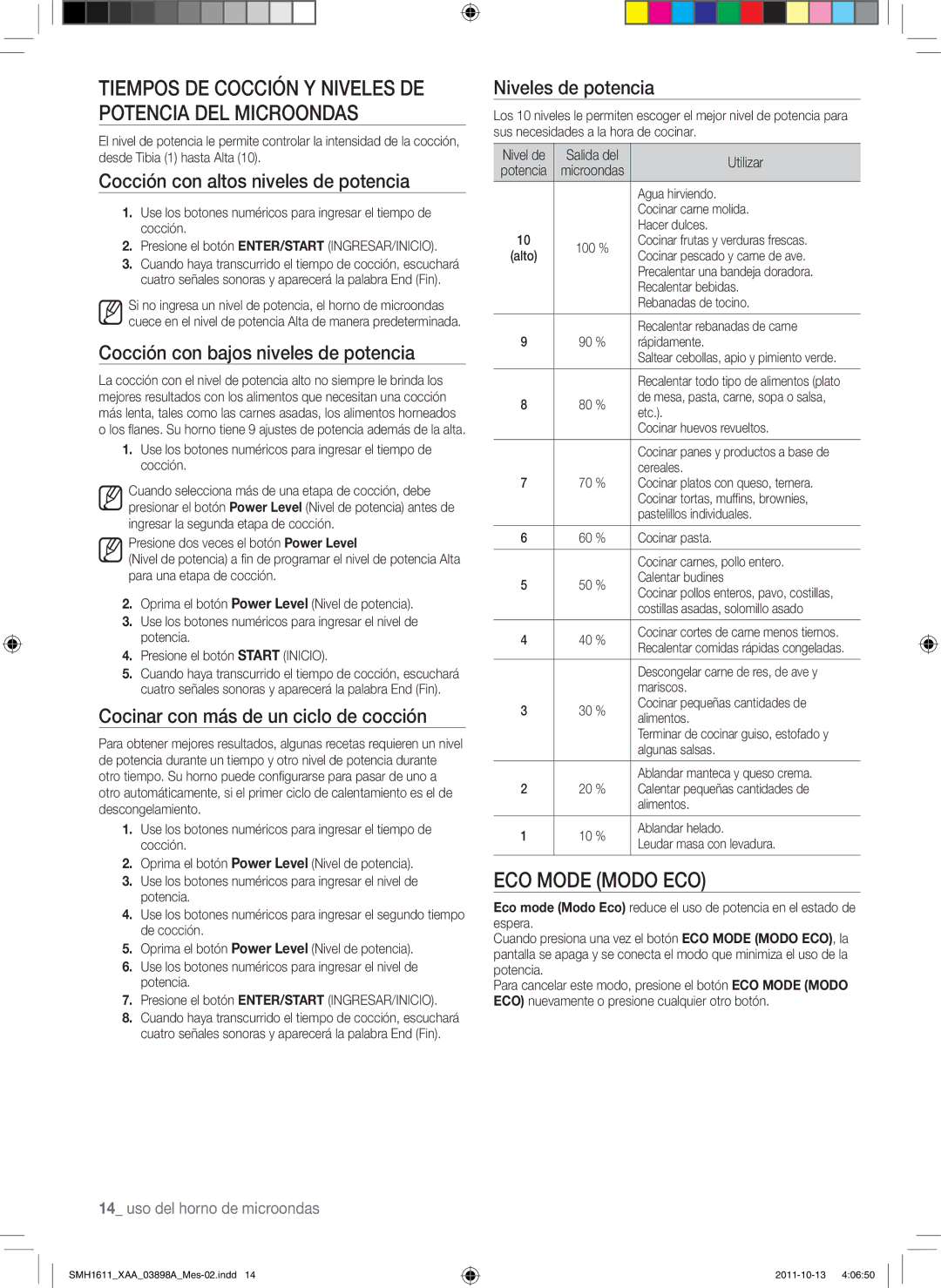 Samsung SMH1622W, SMH1622S, SMH1622B user manual Tiempos de cocción y niveles de potencia del microondas, Eco mode Modo Eco 