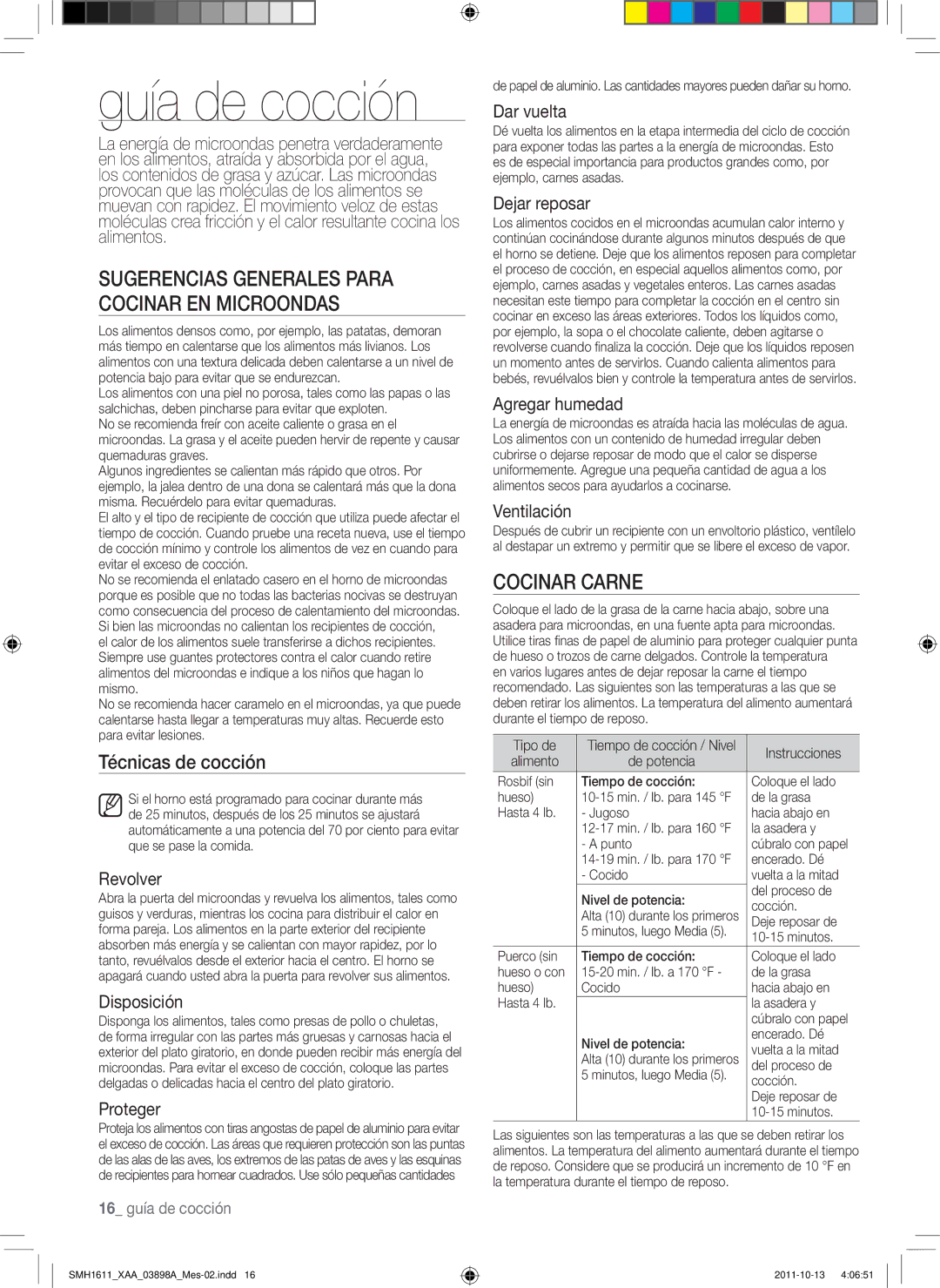 Samsung SMH1622B Guía de cocción, Sugerencias generales para cocinar en microondas, Cocinar carne, Técnicas de cocción 