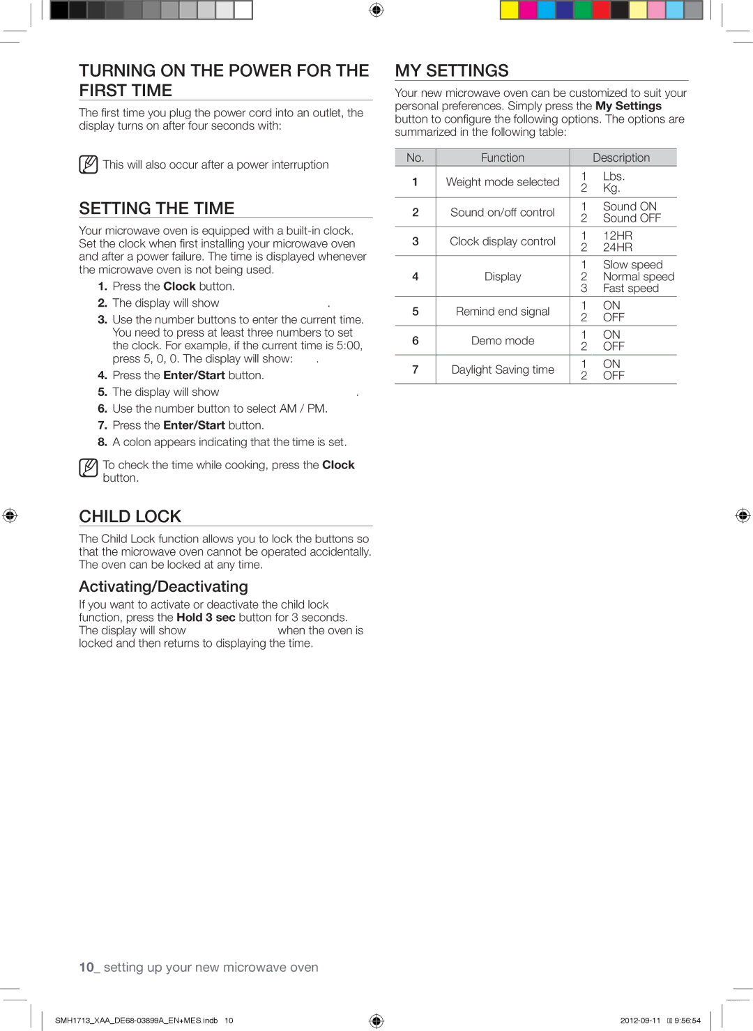 Samsung SMH1713W, SMH1713S, SMH1713B Turning on the Power for the First Time, Setting the Time, Child Lock, MY Settings 