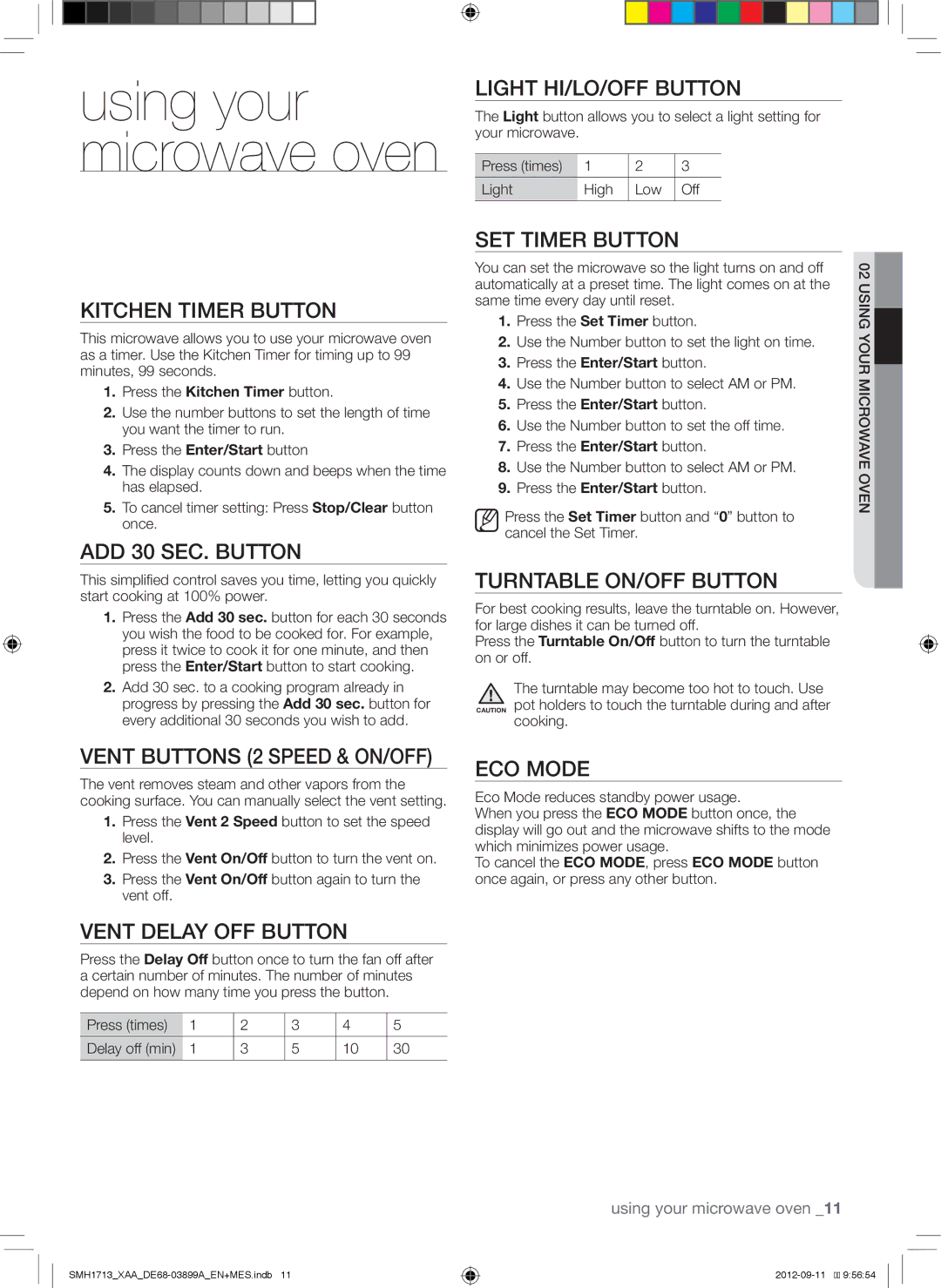 Samsung SMH1713B Kitchen Timer Button, ADD 30 SEC. Button, Vent Buttons 2 Speed & ON/OFF, Vent Delay OFF Button, ECO Mode 