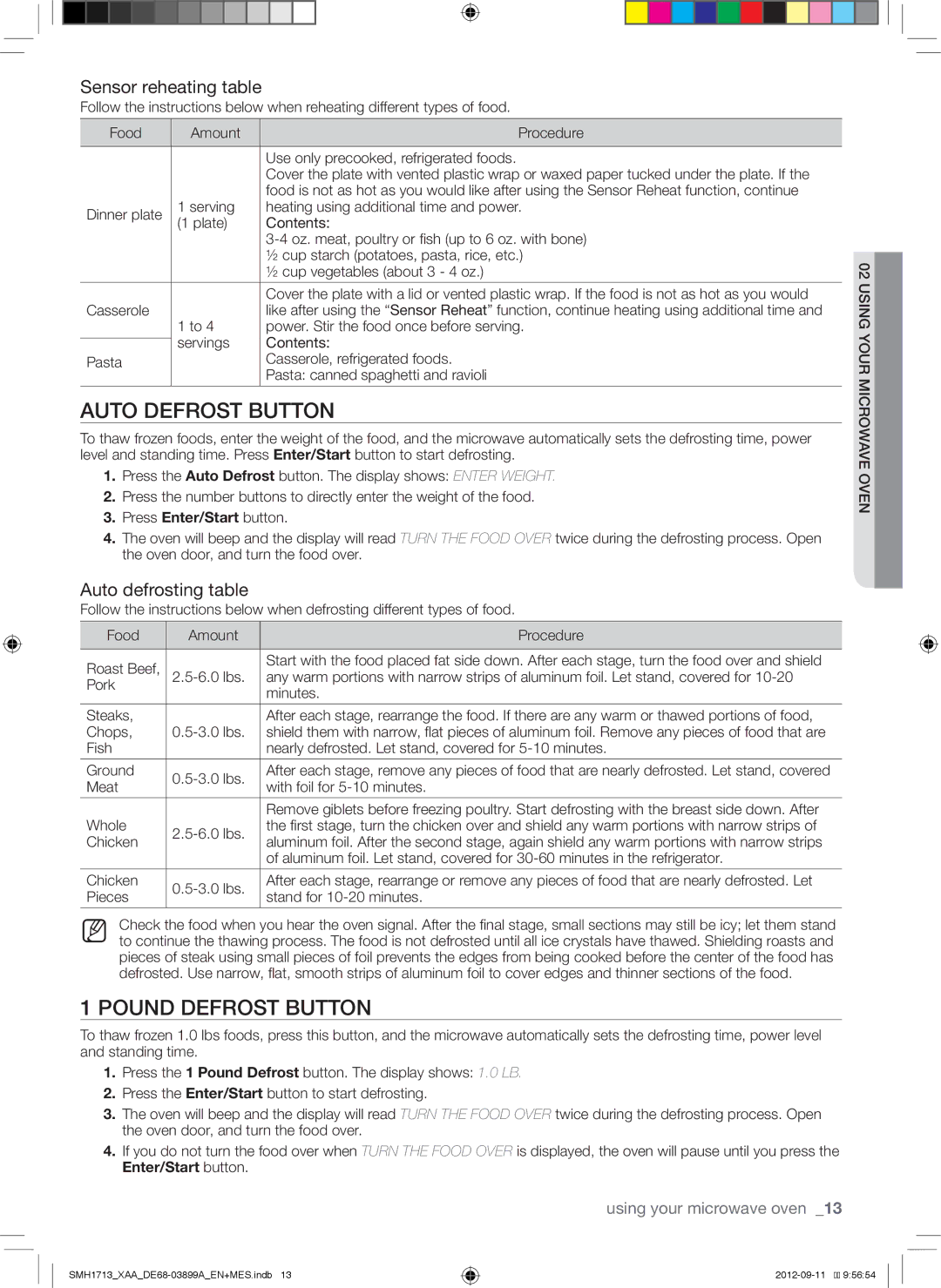 Samsung SMH1713S, SMH1713W Auto Defrost Button, Pound Defrost Button, Sensor reheating table, Auto defrosting table 