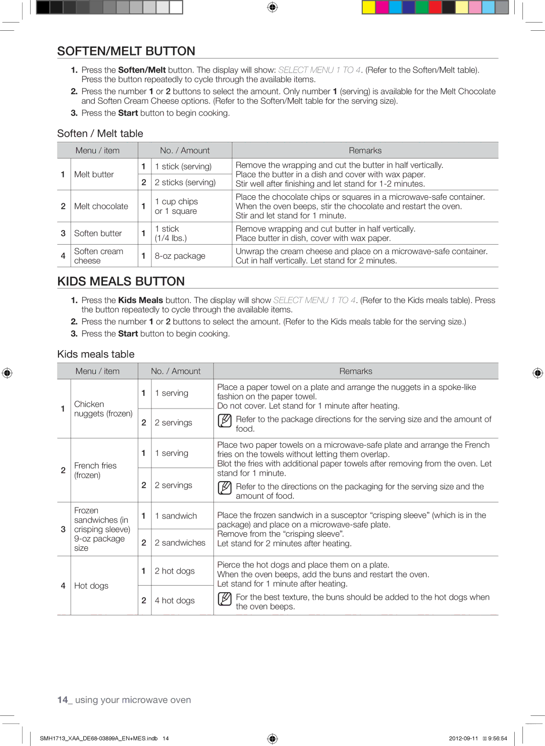 Samsung SMH1713W, SMH1713S, SMH1713B user manual SOFTEN/MELT Button, Kids Meals Button, Soften / Melt table, Kids meals table 