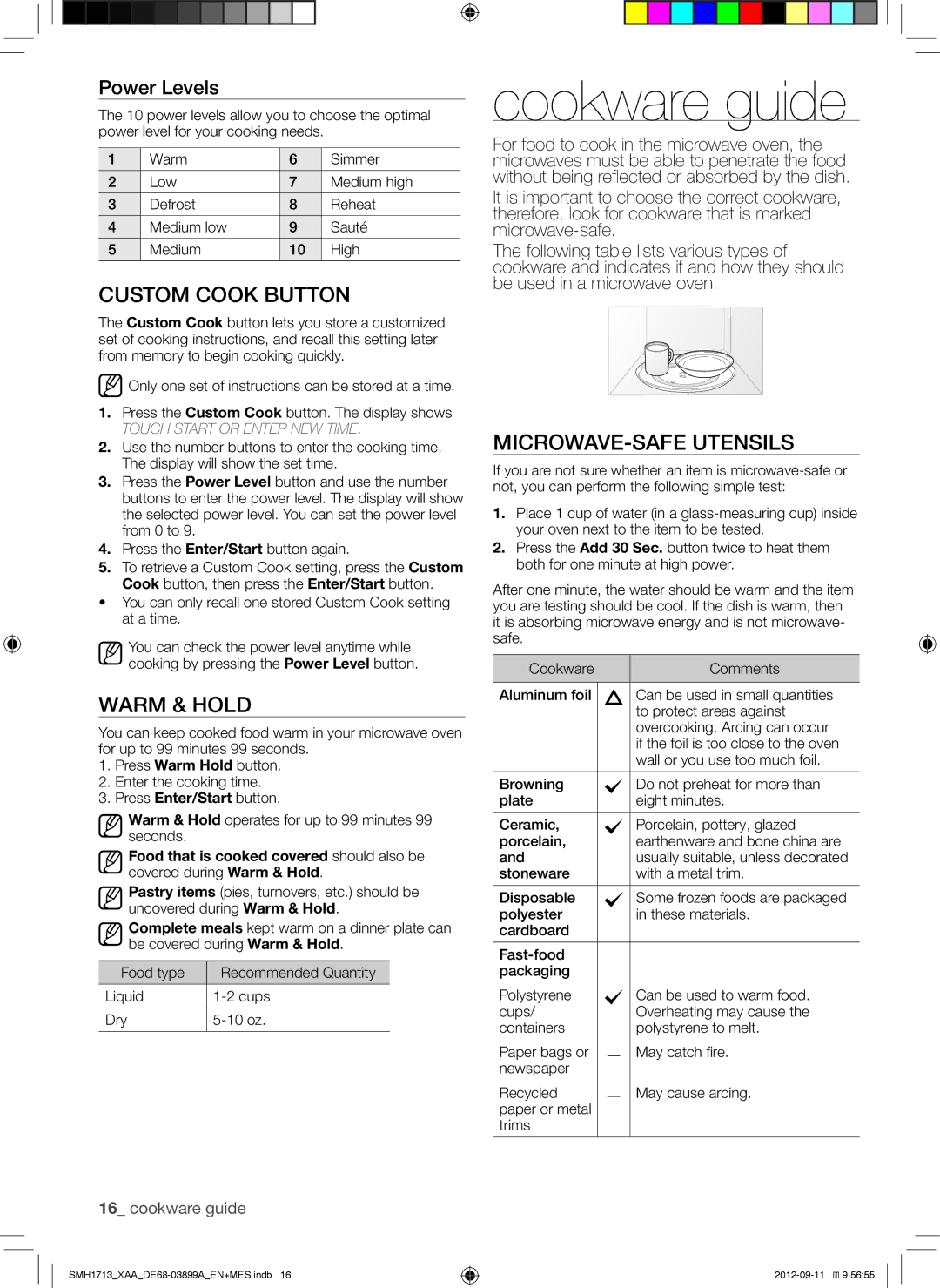 Samsung SMH1713S, SMH1713W Cookware guide, Custom Cook Button, Warm & Hold, MICROWAVE-SAFE Utensils, Power Levels 