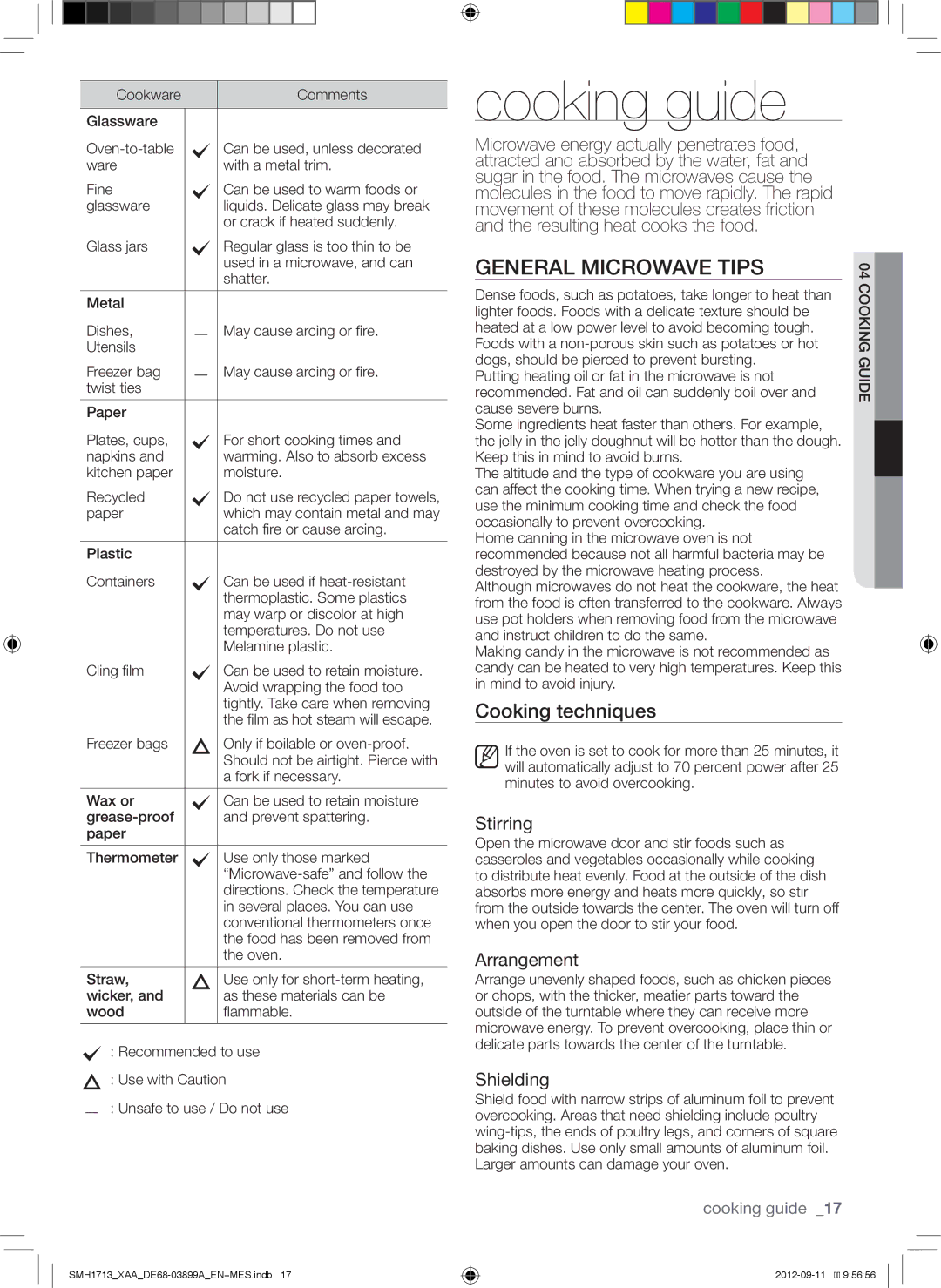 Samsung SMH1713S, SMH1713W, SMH1713B user manual Cooking guide, General Microwave Tips, Cooking techniques 