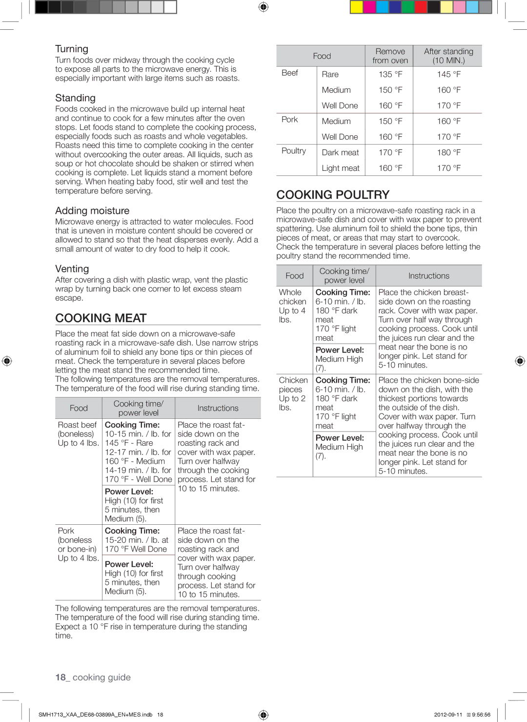 Samsung SMH1713W, SMH1713S, SMH1713B user manual Cooking Meat, Cooking Poultry 