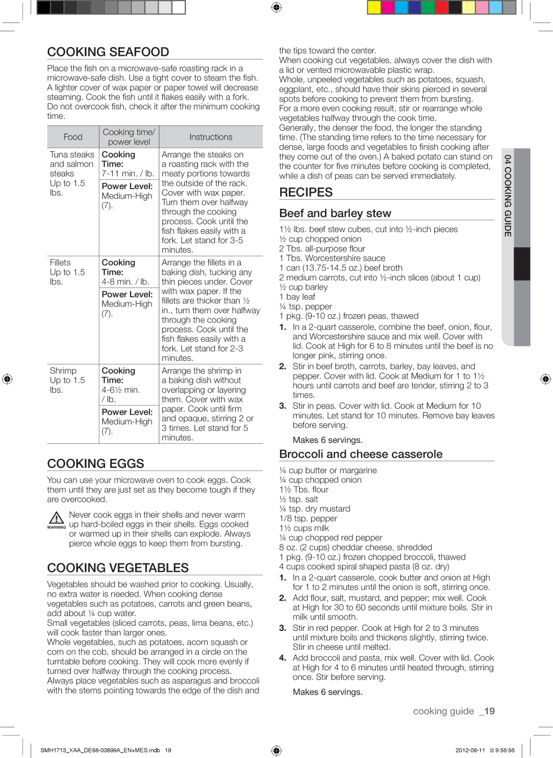 Samsung SMH1713B, SMH1713S, SMH1713W user manual Cooking Seafood, Cooking Eggs, Cooking Vegetables, Recipes 