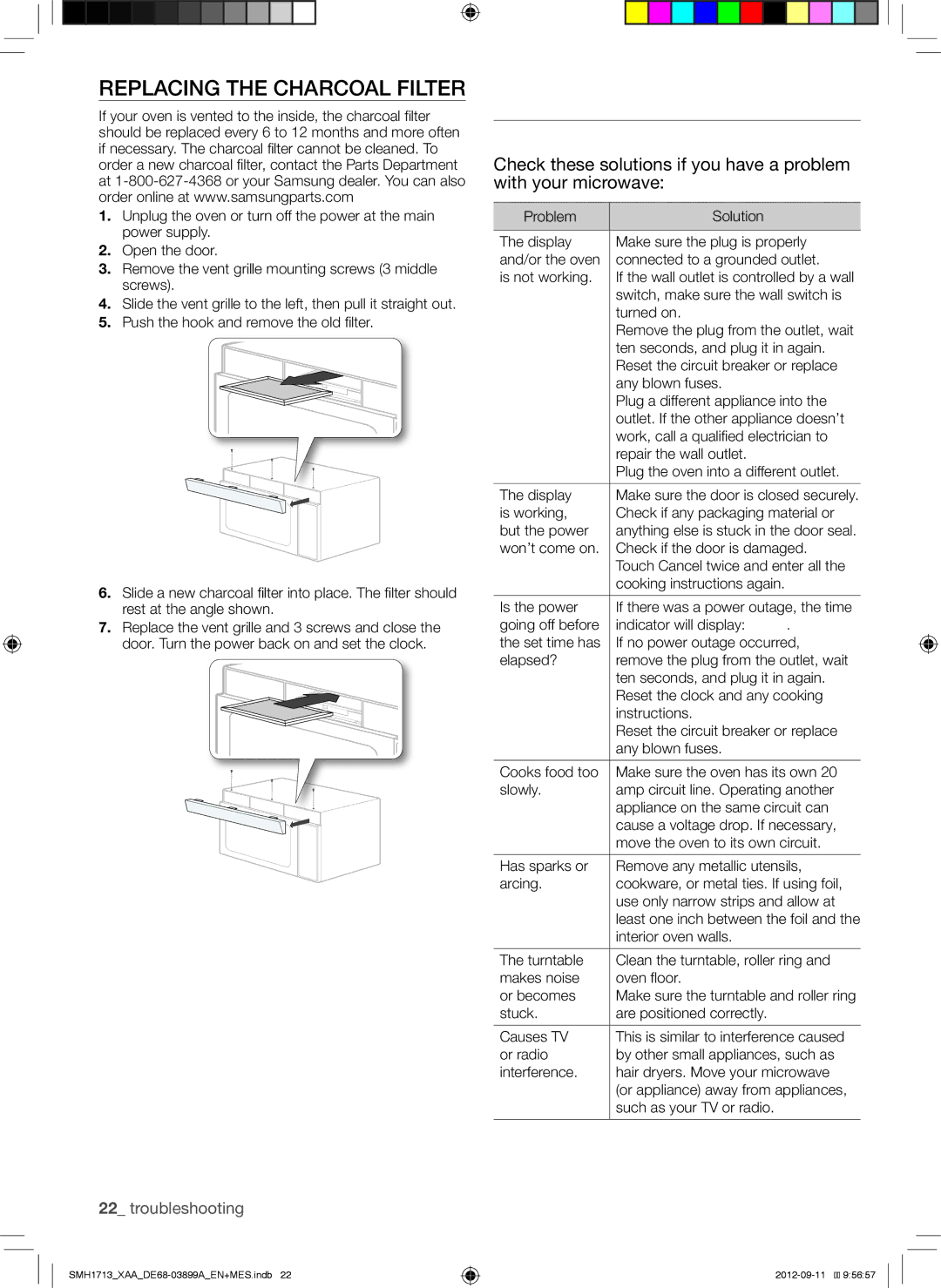 Samsung SMH1713W, SMH1713S, SMH1713B user manual Troubleshooting, Replacing the Charcoal Filter 