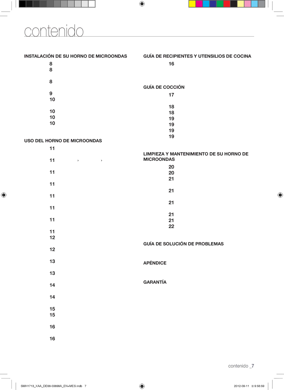 Samsung SMH1713S, SMH1713W, SMH1713B user manual Contenido, Almacenamiento y reparación de 