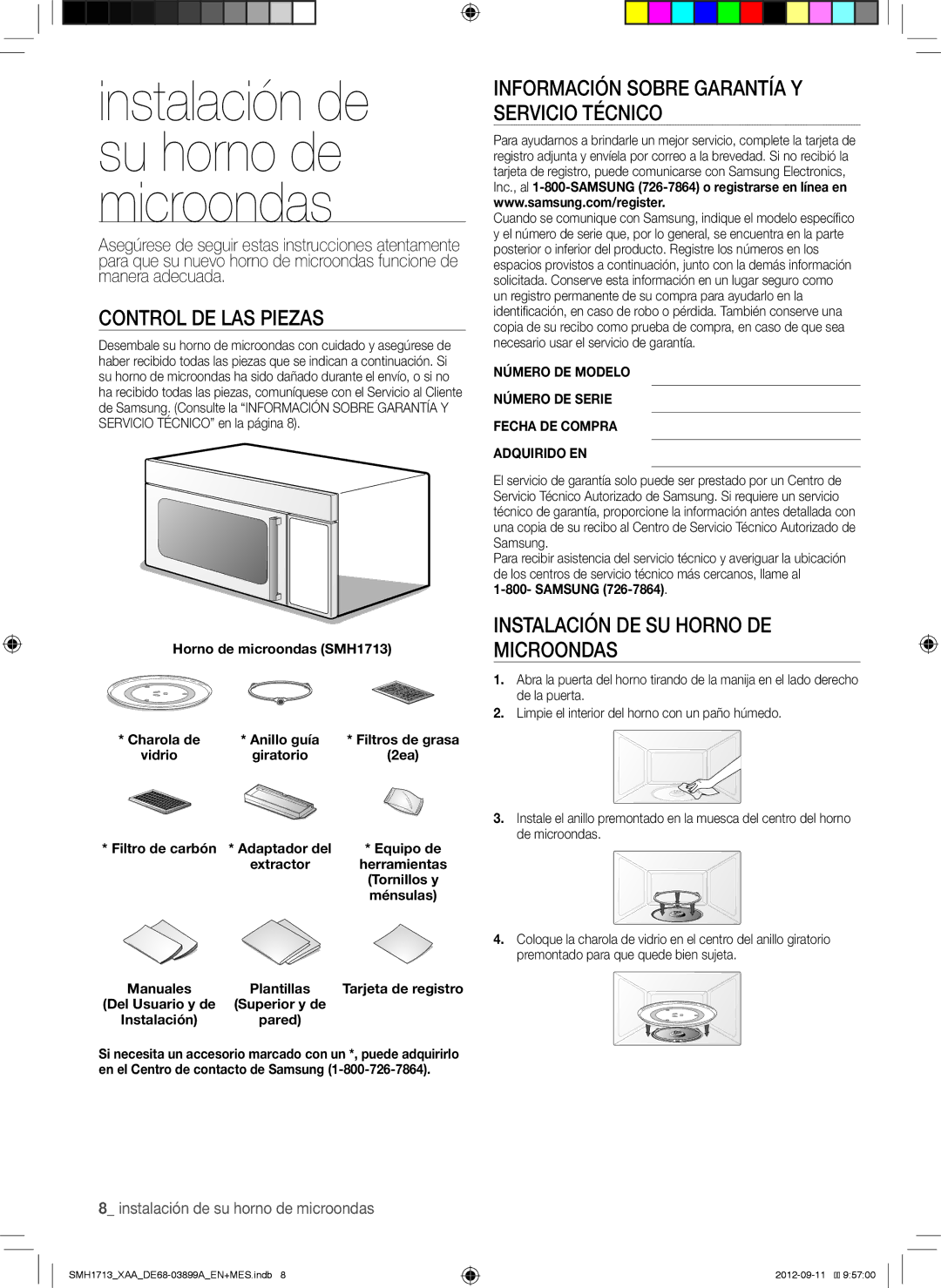 Samsung SMH1713W, SMH1713S, SMH1713B user manual Control DE LAS Piezas, Instalación DE SU Horno DE Microondas 