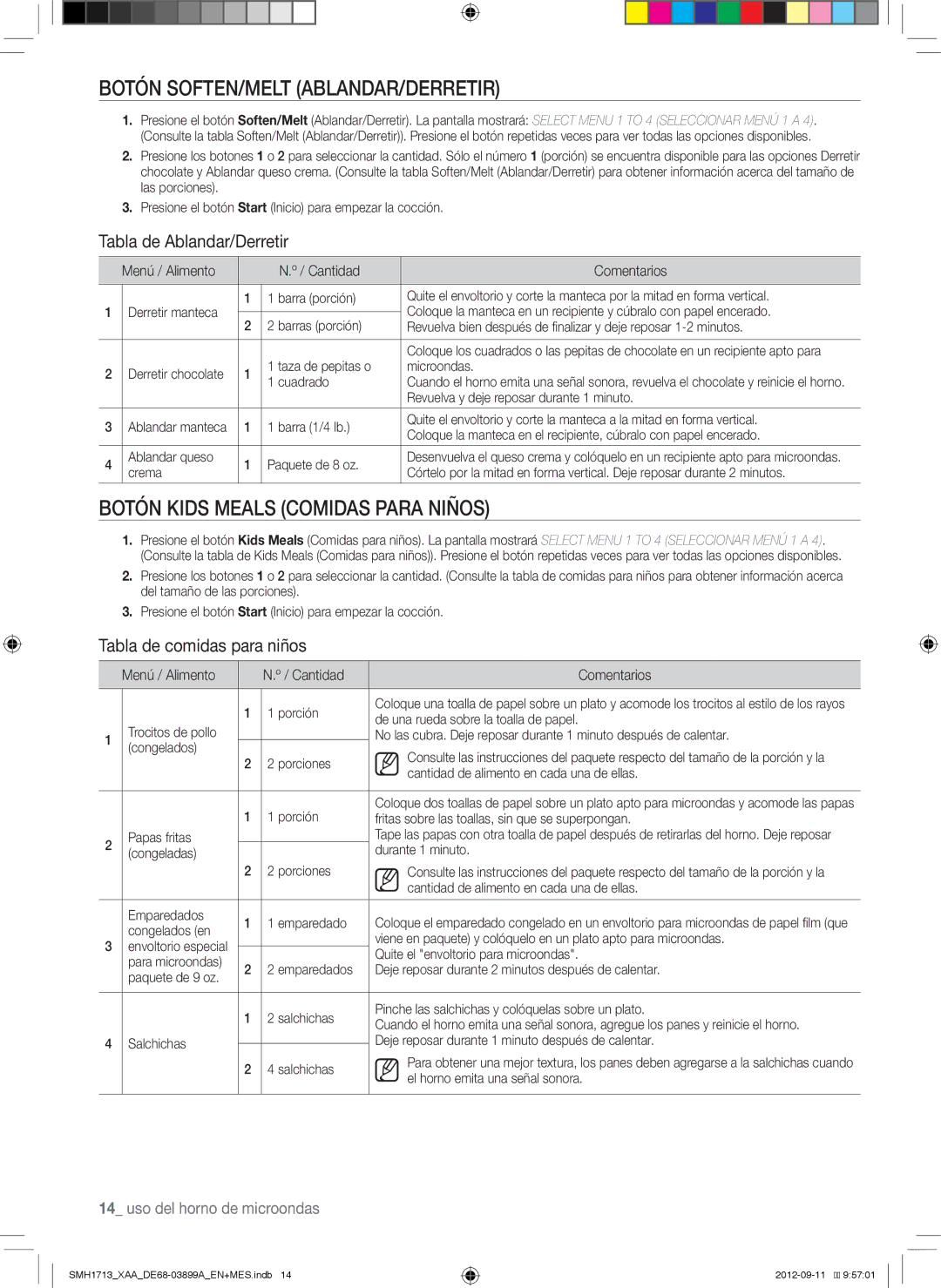 Samsung SMH1713 Botón SOFTEN/MELT ABLANDAR/DERRETIR, Botón Kids Meals Comidas Para Niños, Tabla de Ablandar/Derretir 